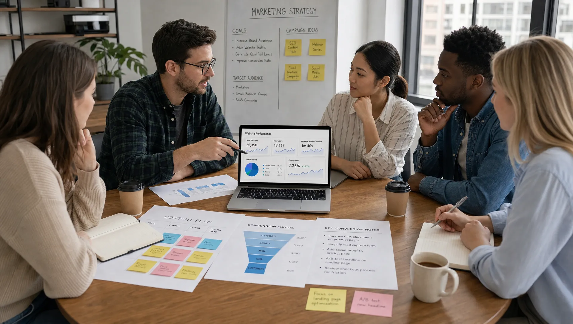 A marketing team reviews website performance data, content plans, and conversion notes on a shared table while discussing strategy decisions.