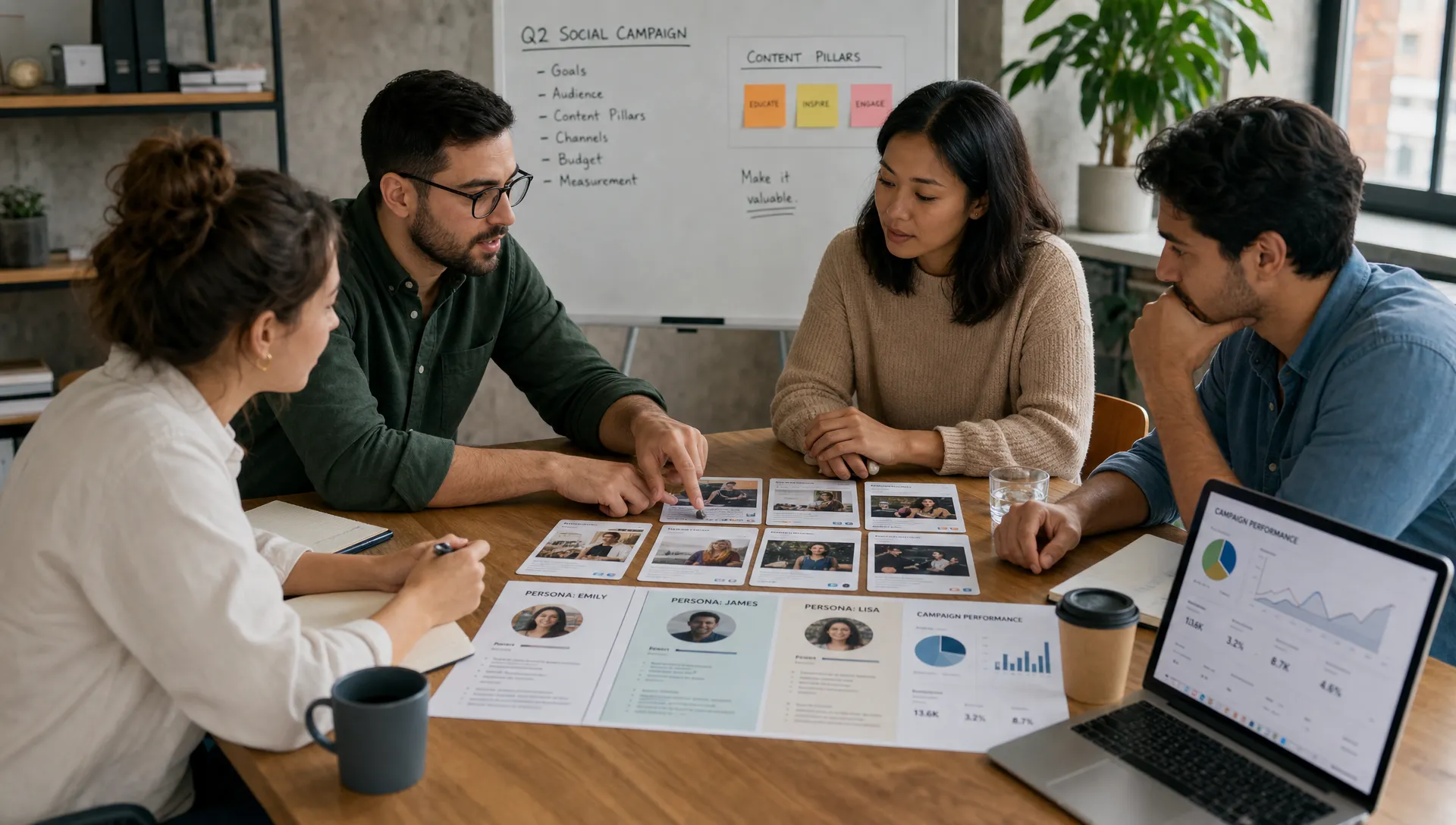 A small business team gathered around a table reviewing social media campaign cards, customer personas, and performance charts while discussing content decisions together.