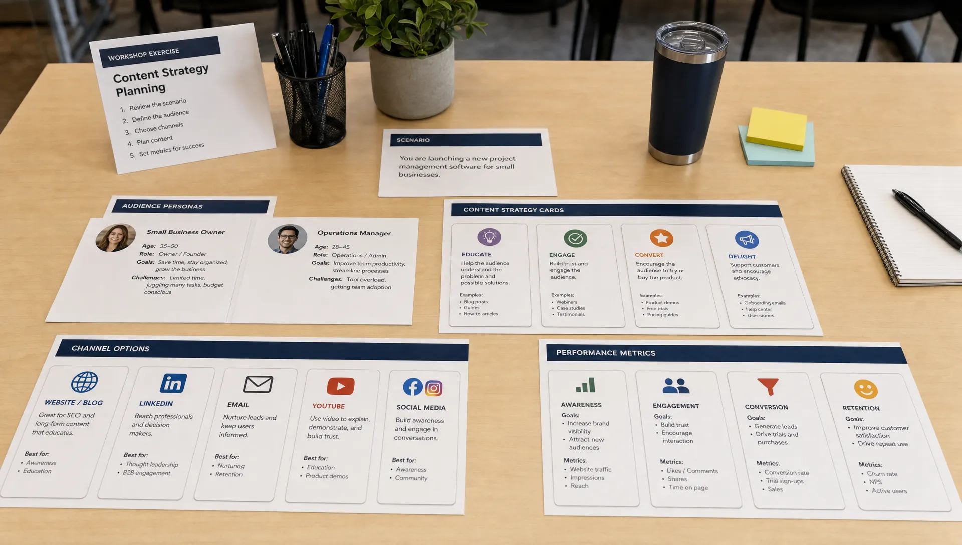 A table in a workshop room with content strategy cards, audience persona sheets, channel notes, and simple performance metric pages arranged for a team-based learning exercise.