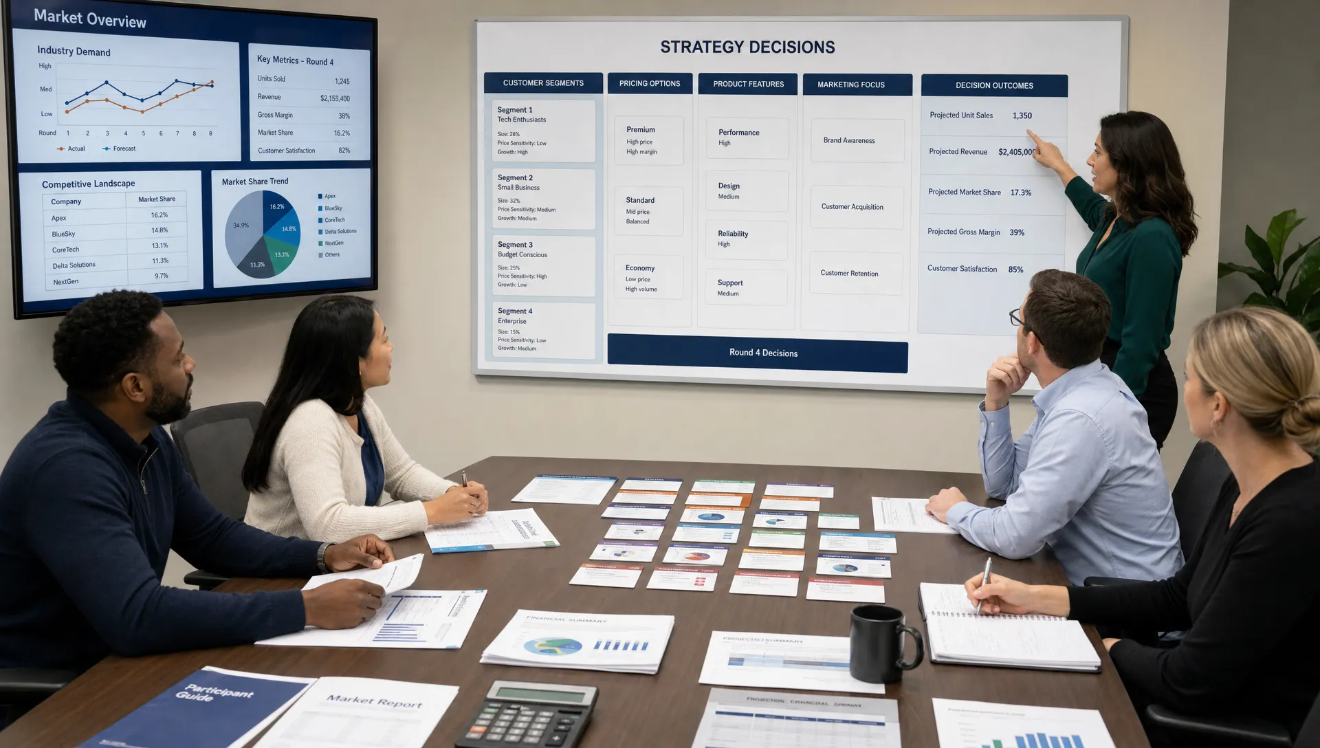 A diverse team seated around a conference table reviewing printed market data, strategy cards, and a wall-mounted planning board with customer segments, pricing options, and decision outcomes during a business training simulation.