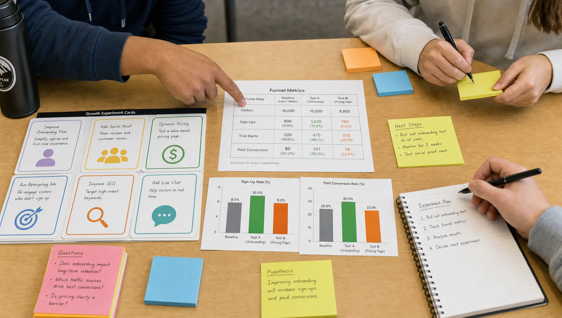 A classroom table shows growth experiment cards, funnel metric sheets, sticky notes, and simple charts as learners compare test results and choose the next experiment.