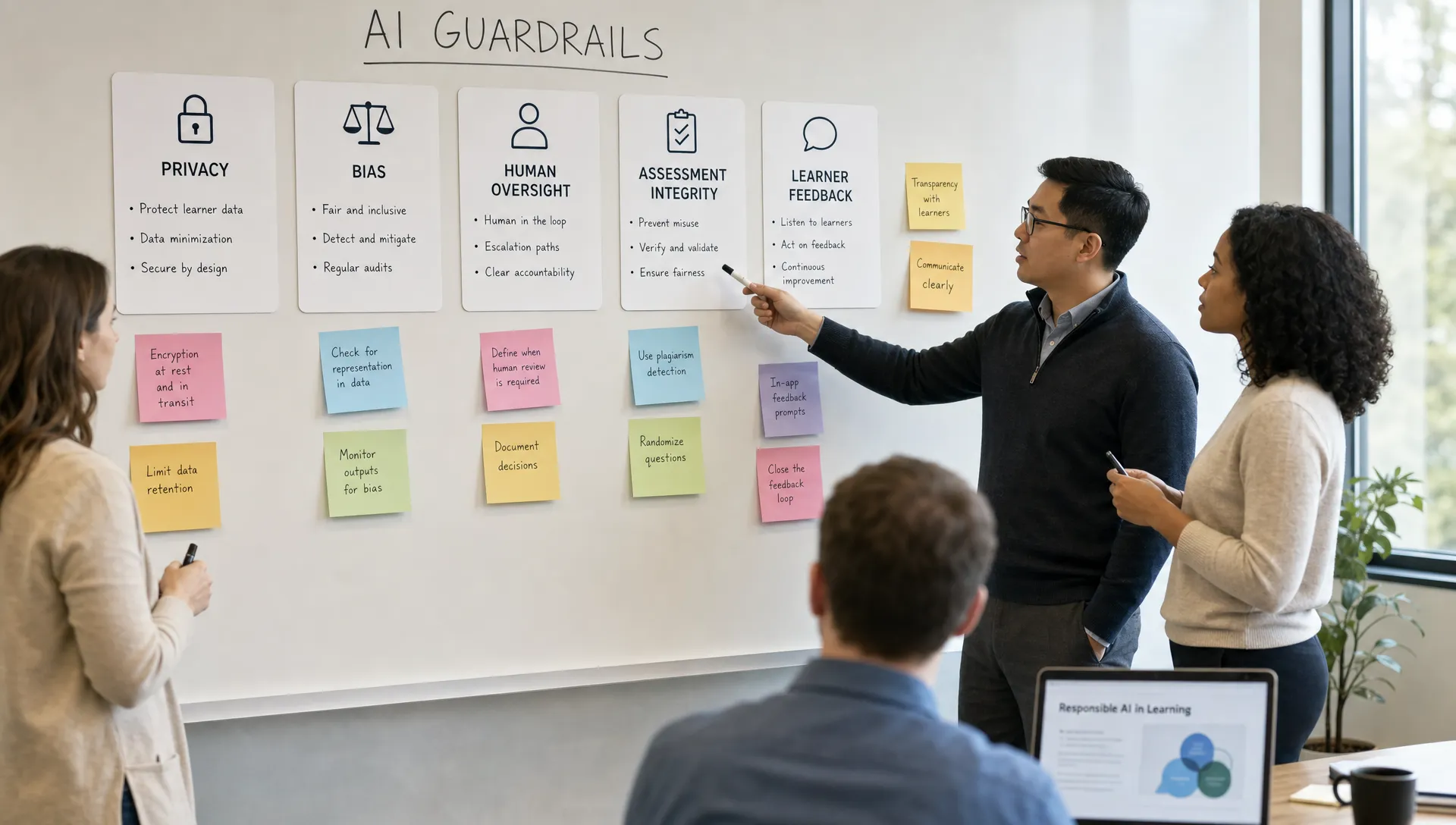 A corporate learning team reviews AI guardrails on a workshop wall, with cards for privacy, bias, human oversight, assessment integrity, and learner feedback.
