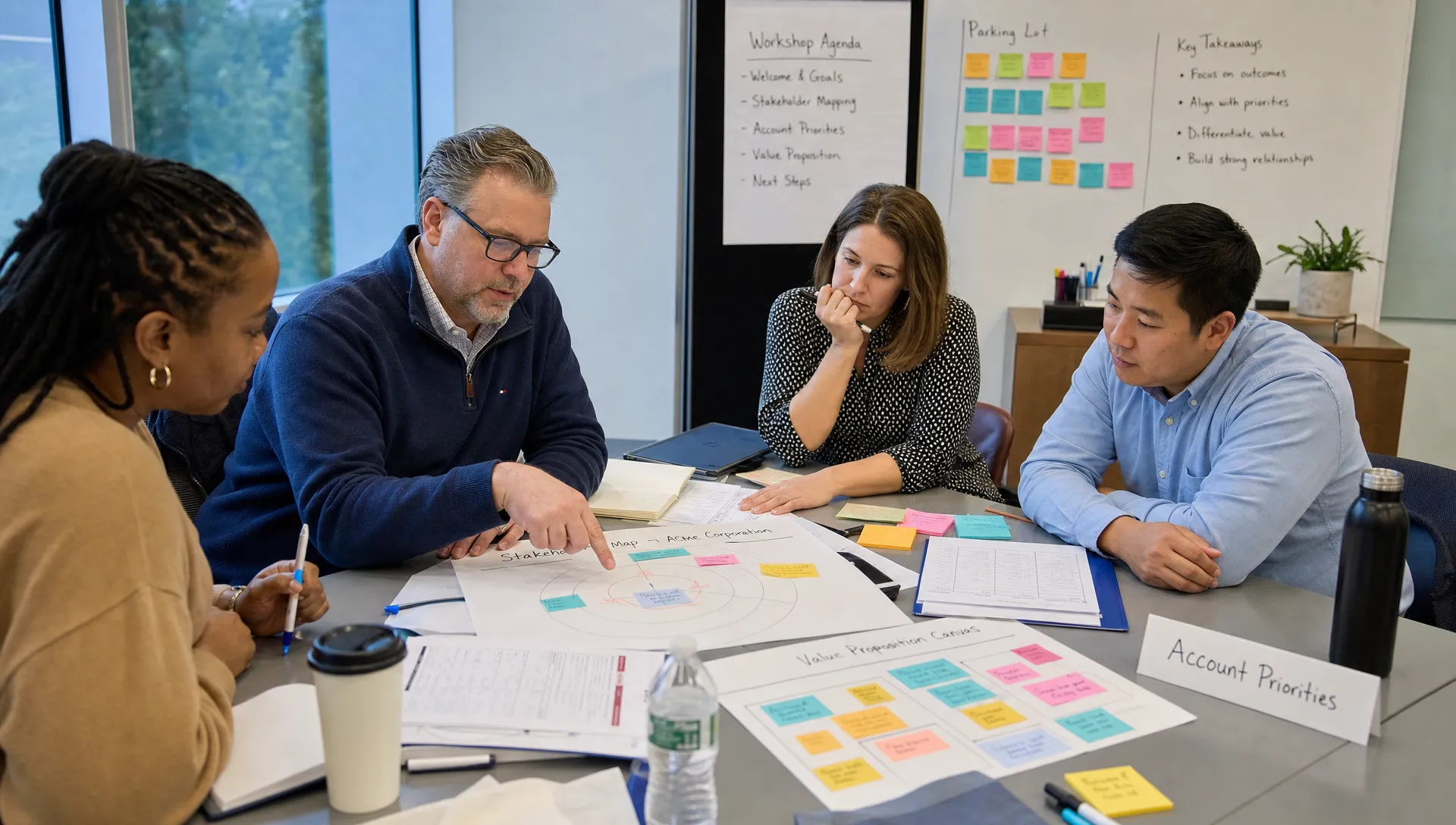 Adult learners analyze stakeholder maps, account priorities, and value proposition notes around a workshop table.