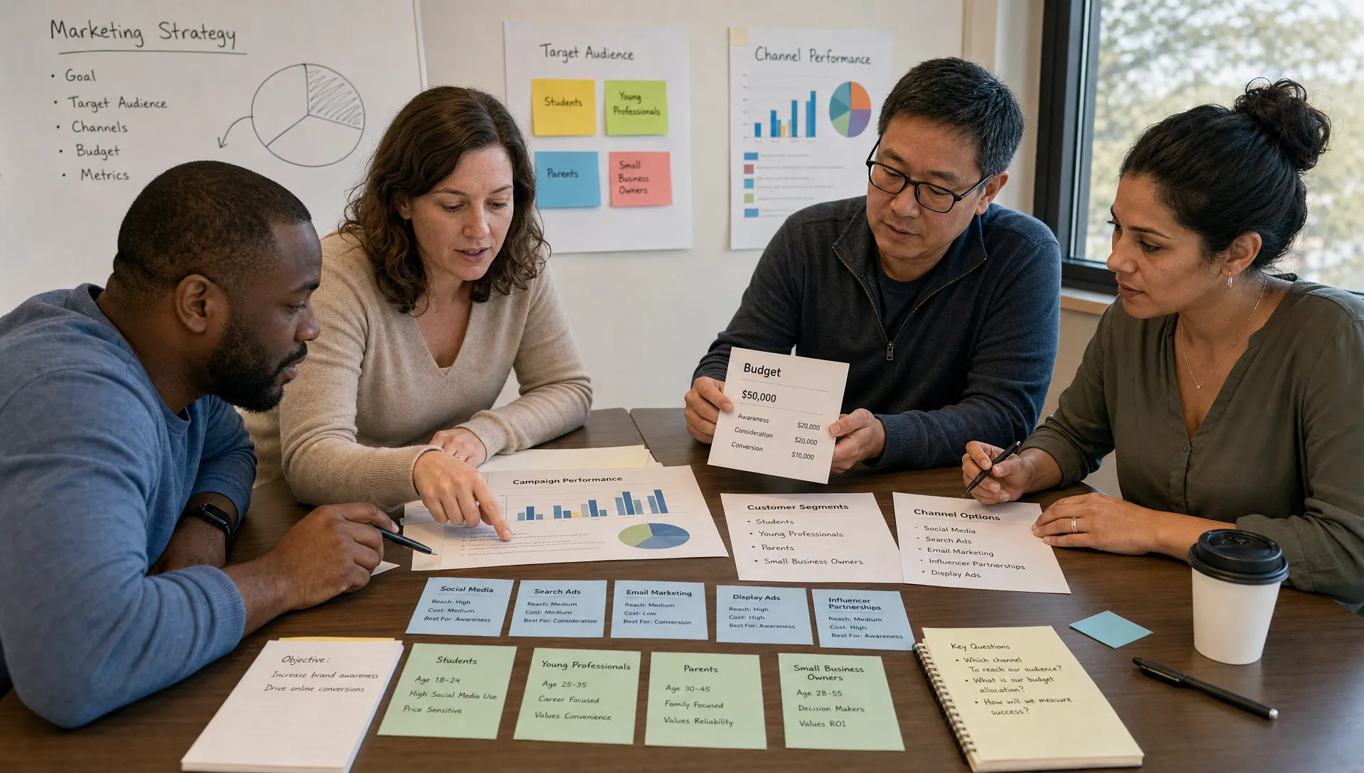 Adult learners gathered around a table reviewing printed market data, budget cards, campaign performance charts, and customer segment notes while discussing advertising channel choices and target audiences.