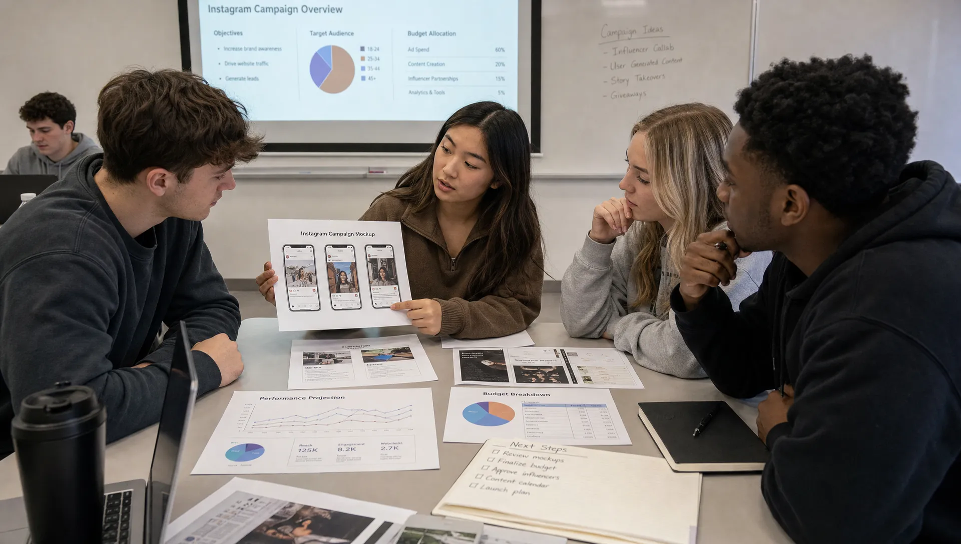 Students in a marketing classroom reviewing printed Instagram campaign mockups, audience personas, performance charts, and budget notes spread across a table while collaborating on strategic decisions.