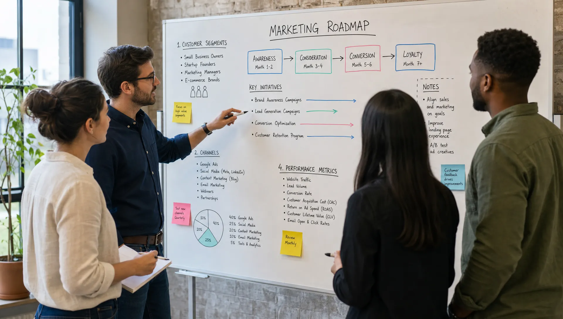 A small business owner and a digital agency team review a marketing roadmap on a whiteboard, with notes for customer segments, channels, budget, and performance metrics.