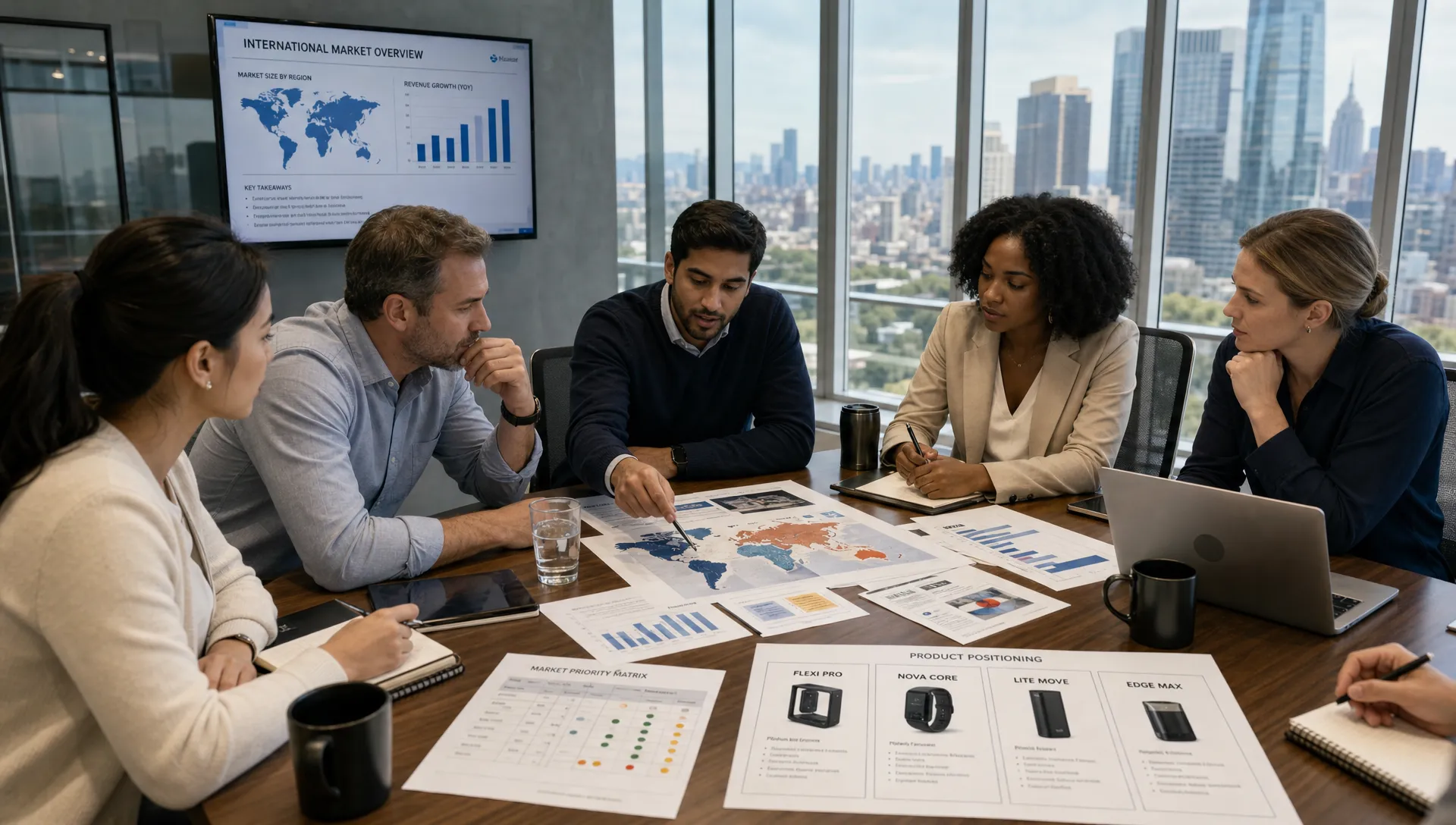 A diverse group of adult business learners reviewing international market data, product positioning cards, and regional strategy notes around a conference table in a glass-walled meeting room overlooking a city skyline.