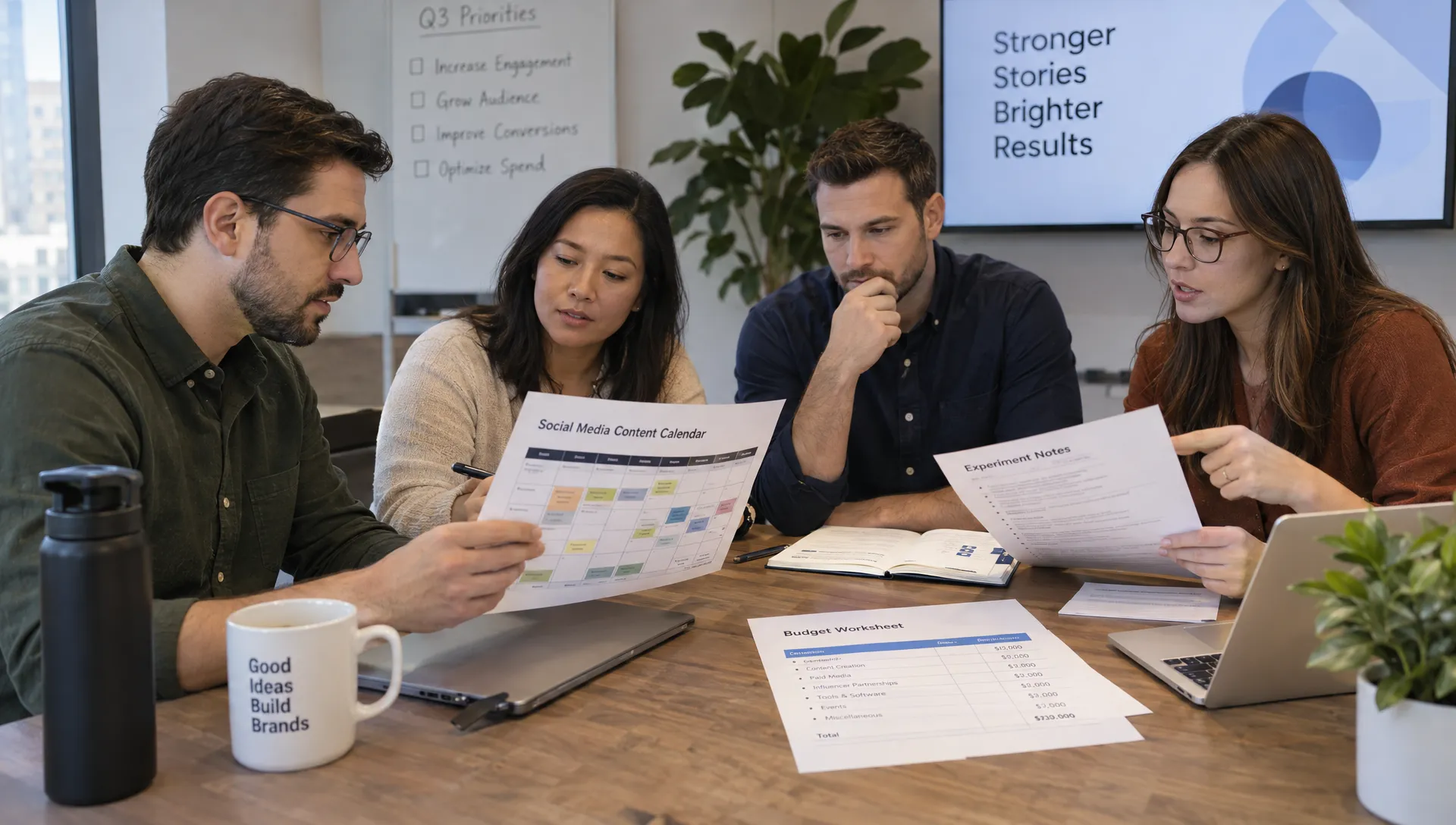 Adult marketing colleagues compare a printed social media content calendar, experiment notes, and budget worksheet during a focused review in a team meeting room.