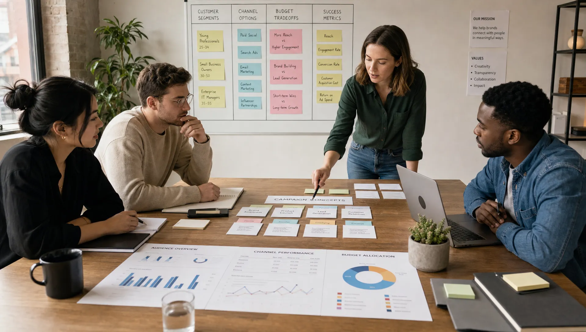 A startup marketing agency team works around a table with campaign planning cards, printed analytics charts, and a wall board showing customer segments, channel options, and budget tradeoffs.