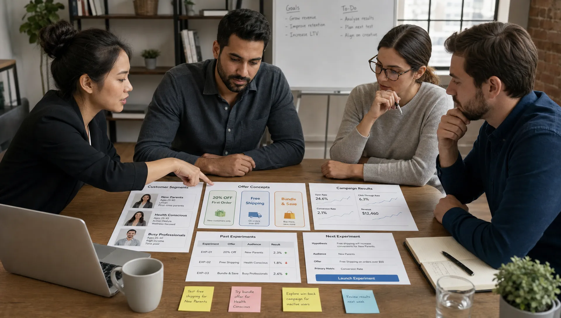 A small business team reviews customer segments, offer cards, and campaign results on a table while planning which marketing experiment to run next.