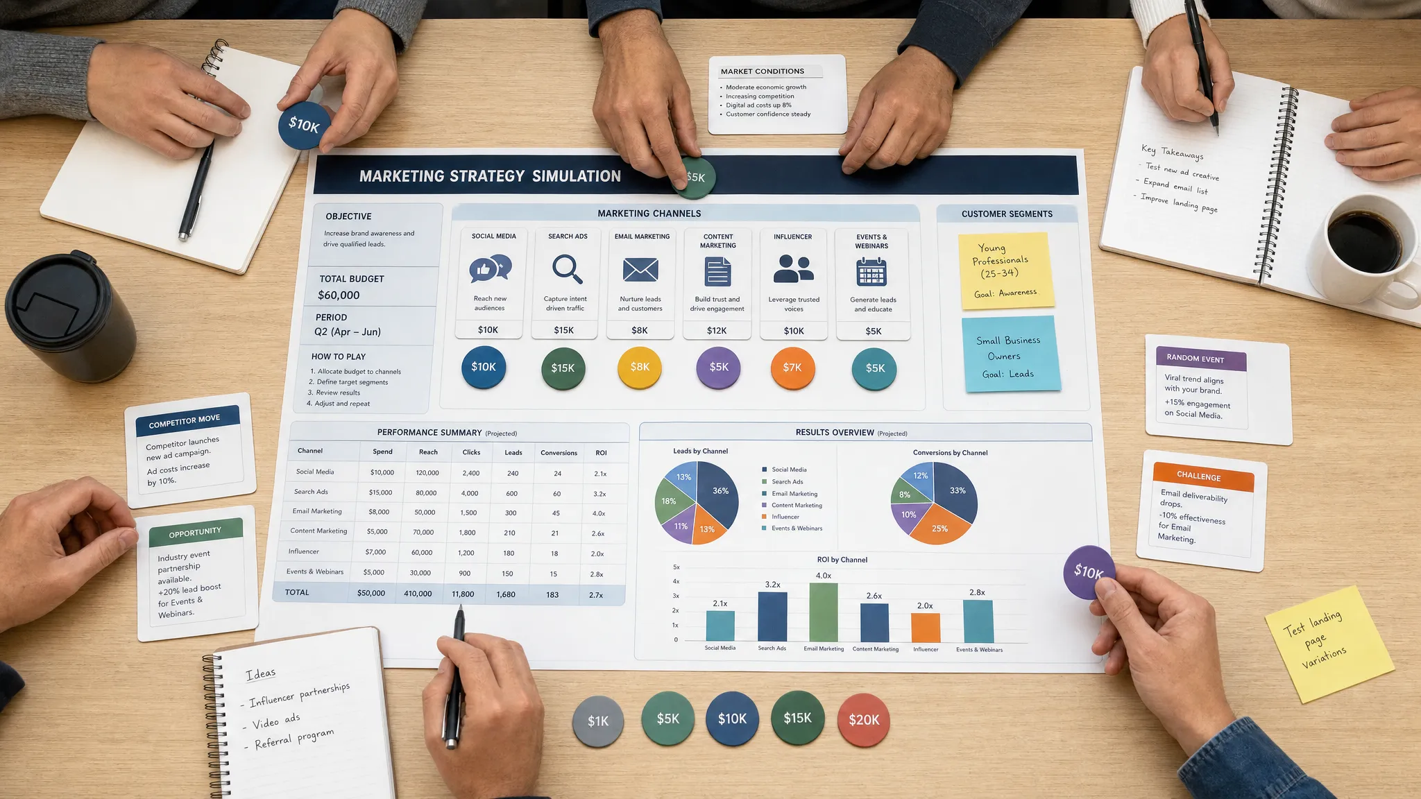 An overhead view of a collaborative marketing strategy workshop table with budget tokens, channel cards, customer segment notes, and performance charts arranged for a simulation exercise.