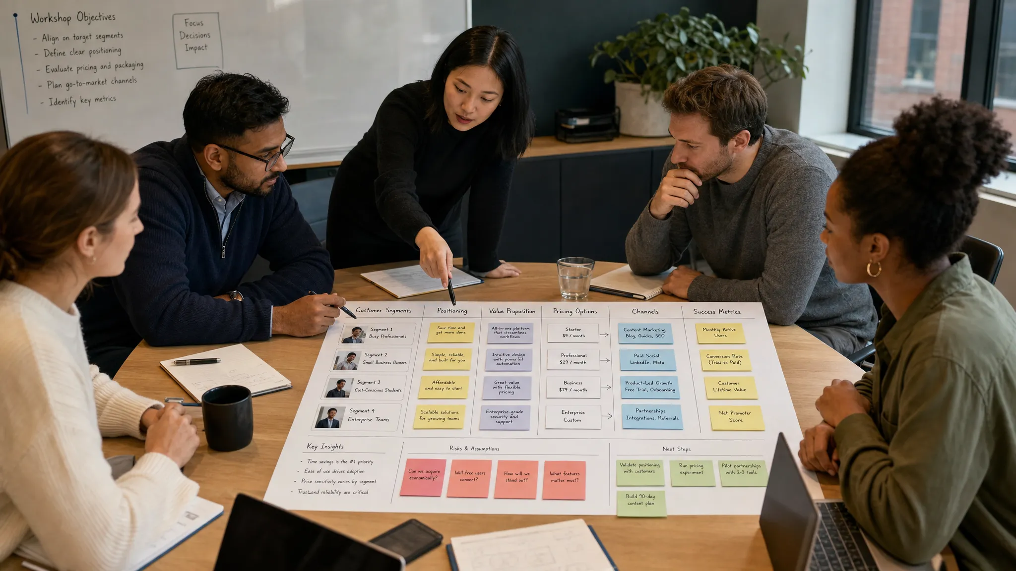 A cross-functional marketing team gathers around a workshop table with customer segment cards, positioning notes, pricing options, and channel plans arranged in a clear decision map.