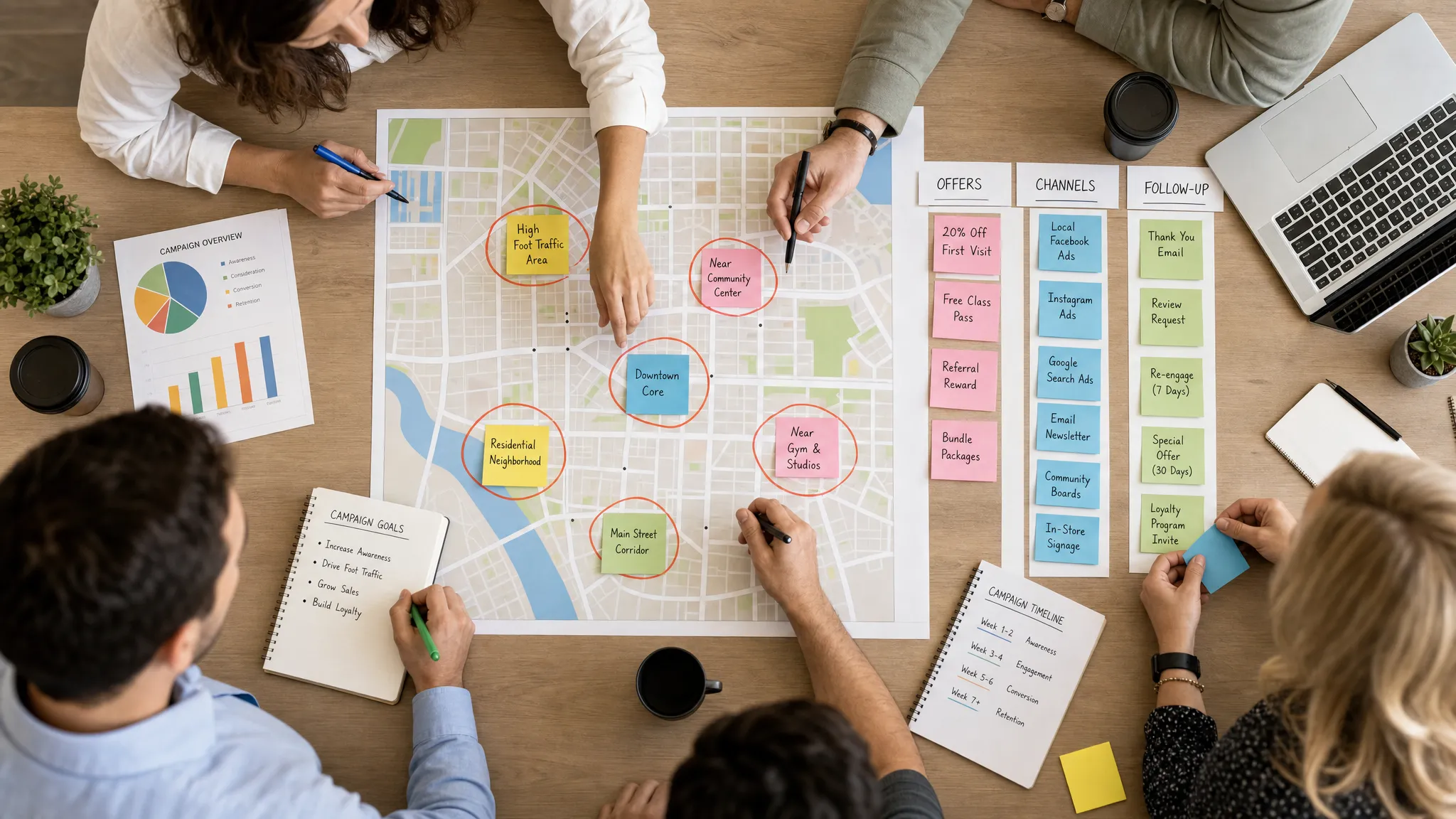 A local business team planning an advertising campaign around a neighborhood map, with sticky notes representing customer segments, offers, channels, and follow-up steps, viewed from overhead on a table in a bright office setting.