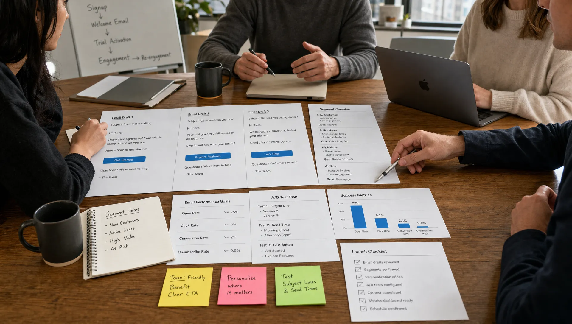 A workshop table holds printed email drafts, segment notes, sticky notes, and metric sheets as a team practices before launch.