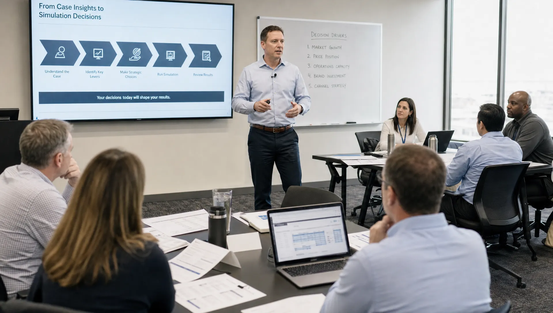 An instructor leads adult teams from a business case study discussion into simulation decisions, with printed notes, strategy sheets, and laptops on the tables.