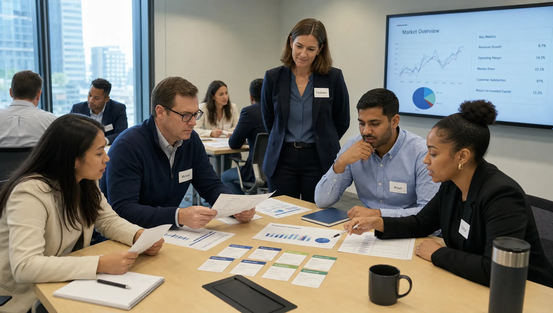 Corporate learners seated around tables comparing printed market data, decision cards, and performance charts while a facilitator observes the discussion.