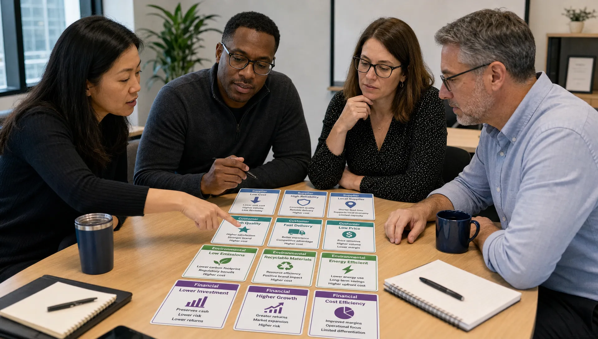 A diverse corporate team compares supplier, customer, environmental and financial tradeoffs on printed decision cards around a table.