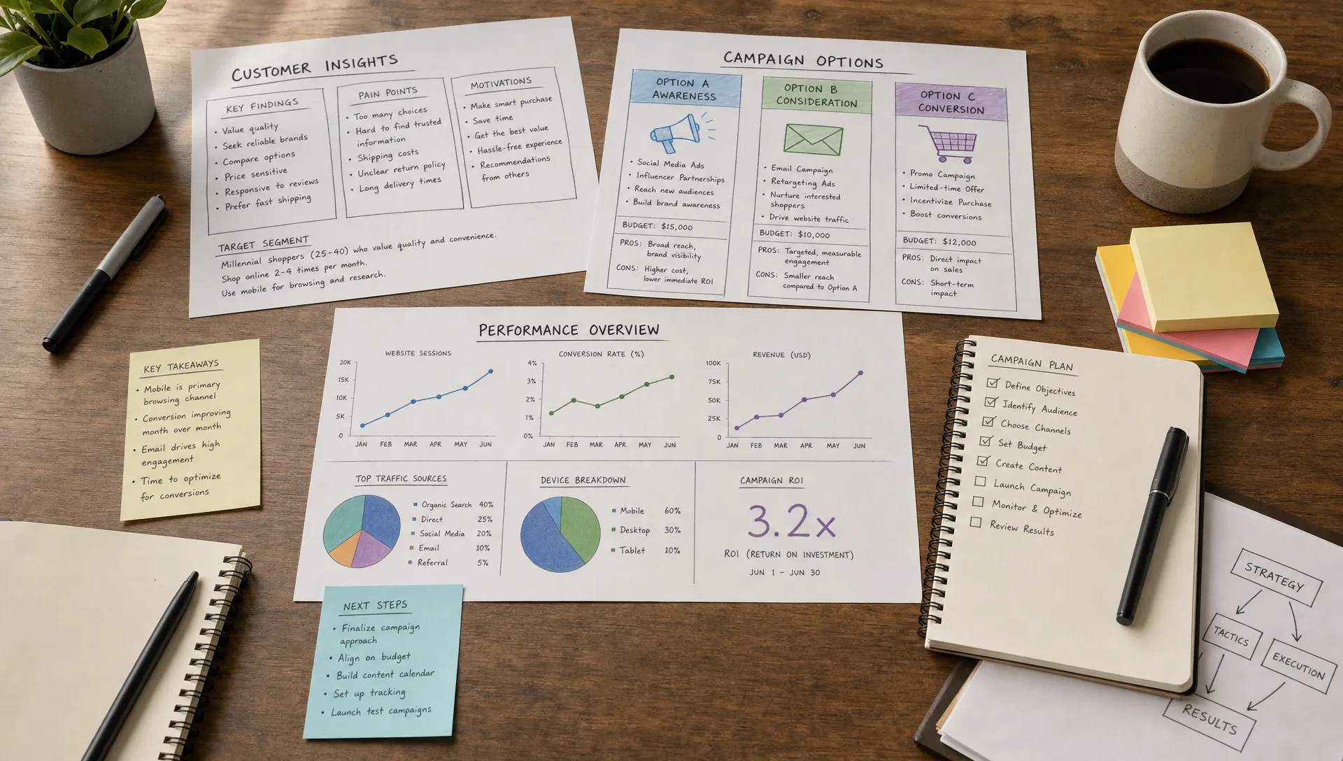 A workshop table shows customer insight notes, campaign options, and performance charts used to connect strategy to tactics before a campaign launch.