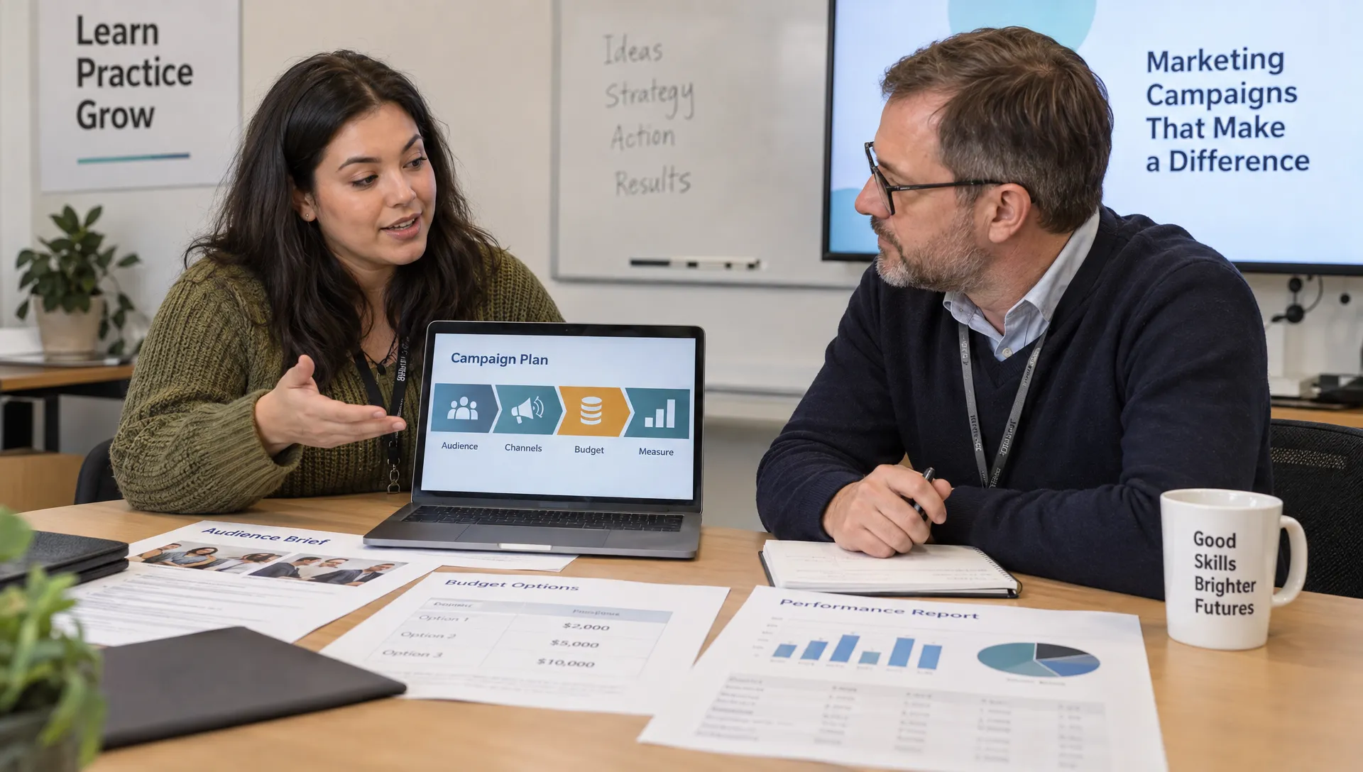 An adult learner explains a campaign plan to an assessor in a training room, with audience briefs, budget choices, and performance reports spread across the table.