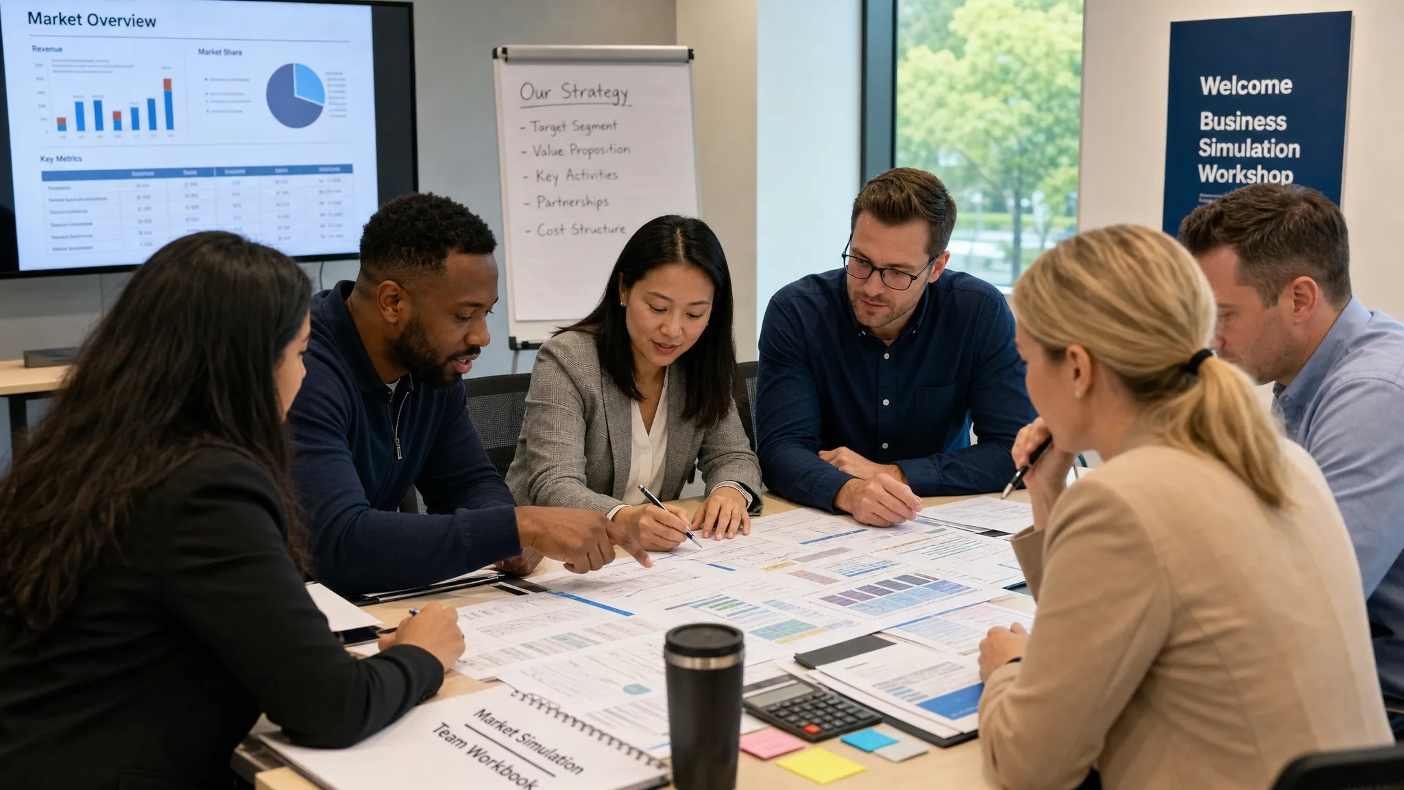 A diverse group of adult business learners gathered around a table reviewing printed charts, market data, and strategy notes during a collaborative simulation exercise in a modern training room.