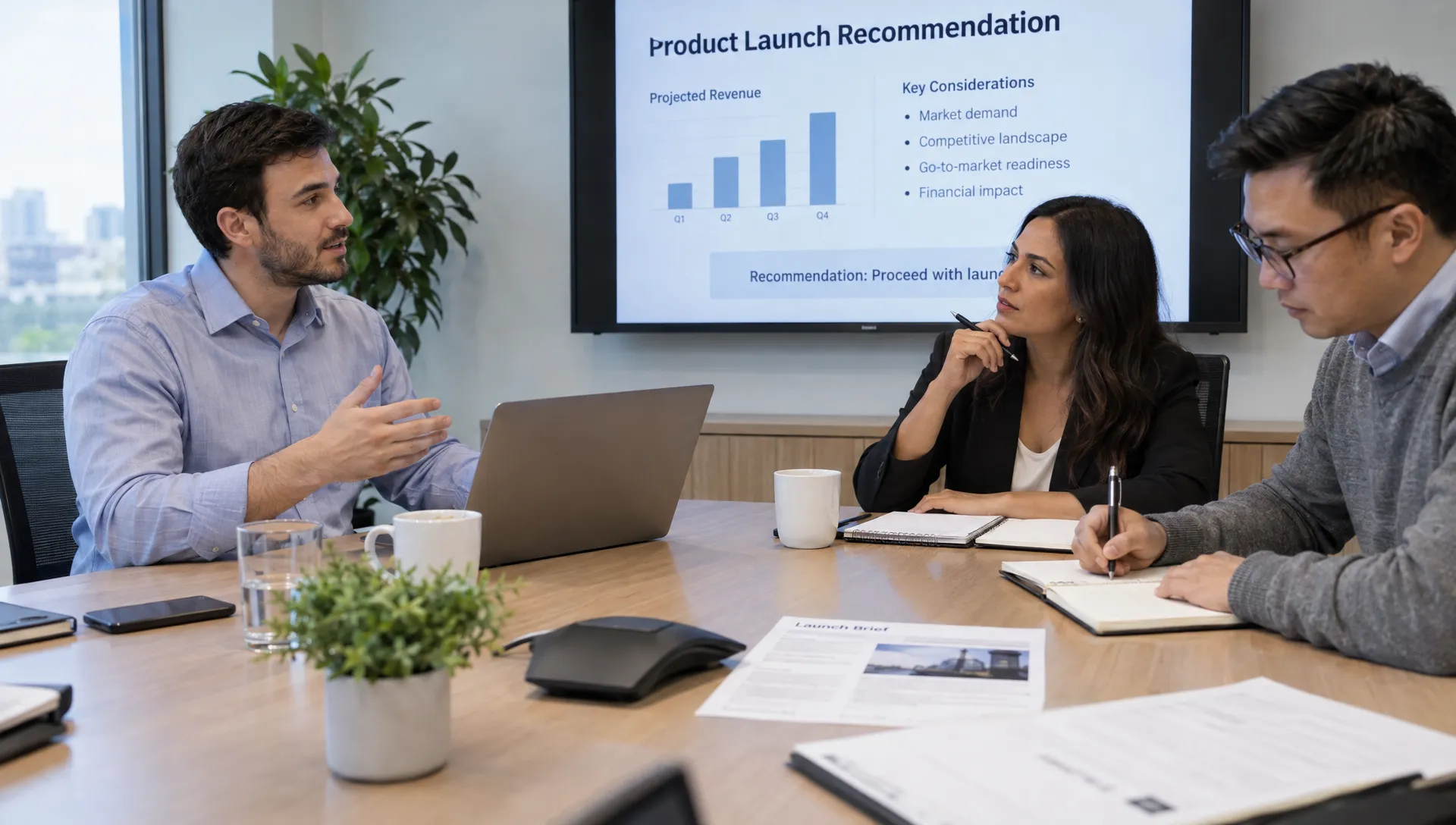 Three colleagues practice corporate communication skills training by discussing a launch recommendation, its risks, and the person responsible for next steps.