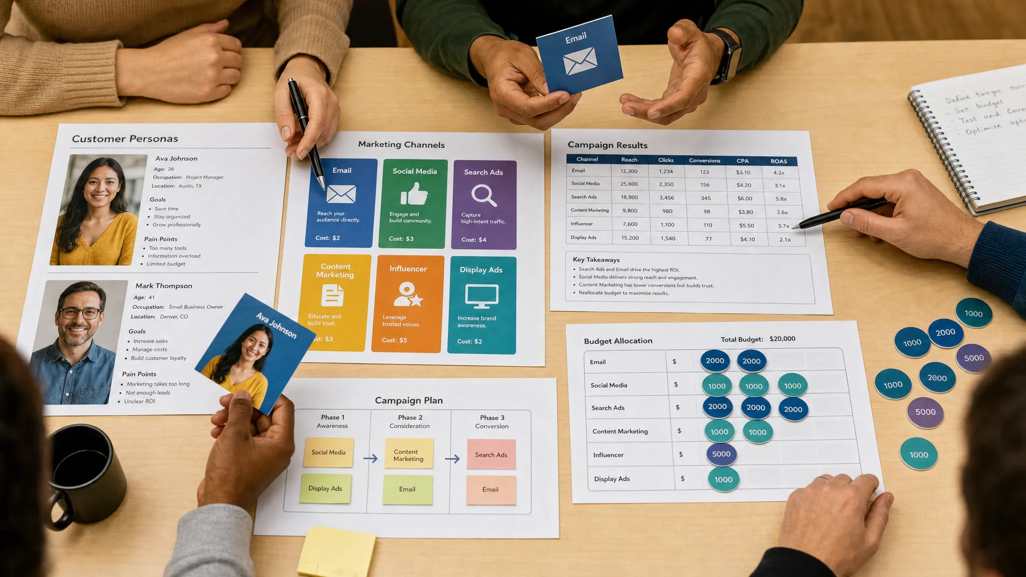 A close-up overhead view of a workshop table with marketing learners’ hands reviewing customer personas, channel cards, campaign results, and budget tokens while discussing strategy together.