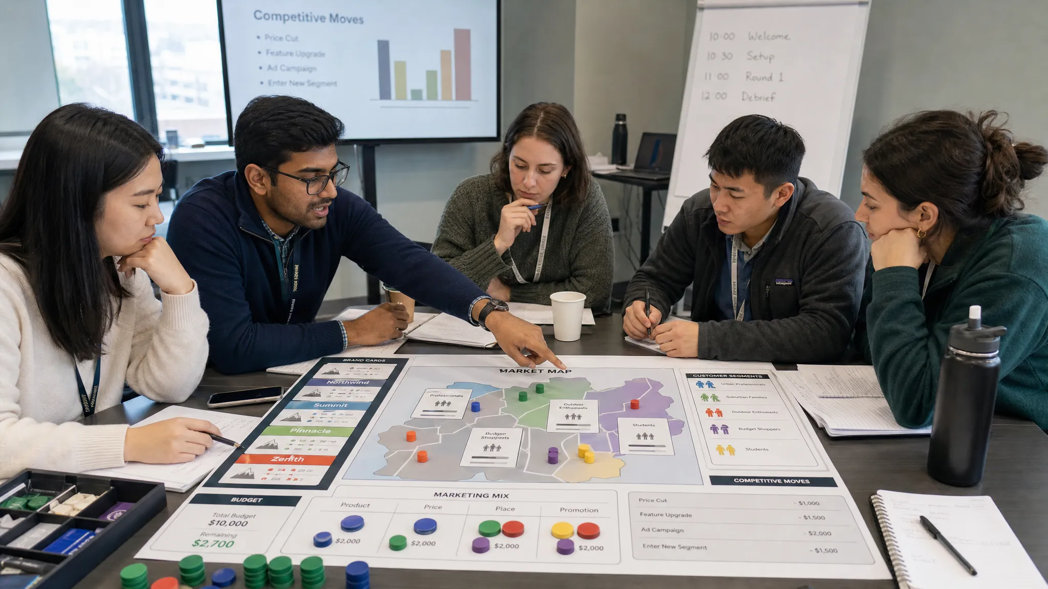 A group of learners gathered around a tabletop market map with brand cards, customer segments, and budget tokens, discussing competitive moves and positioning choices in a business simulation workshop.