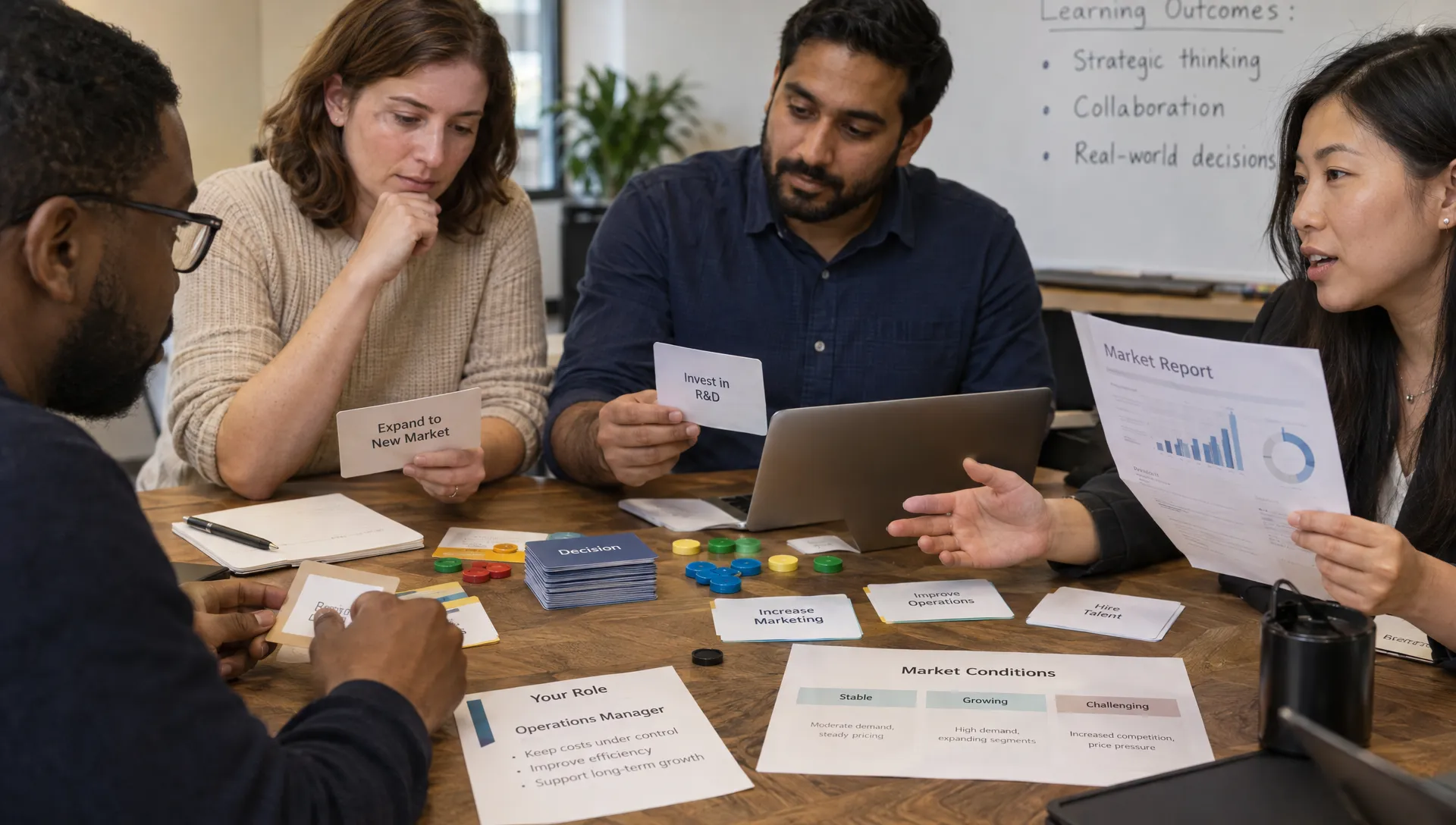 Adult workshop participants compare decision cards, budget tokens, role briefs, and a mock market report during a discussion of serious games for business learning.