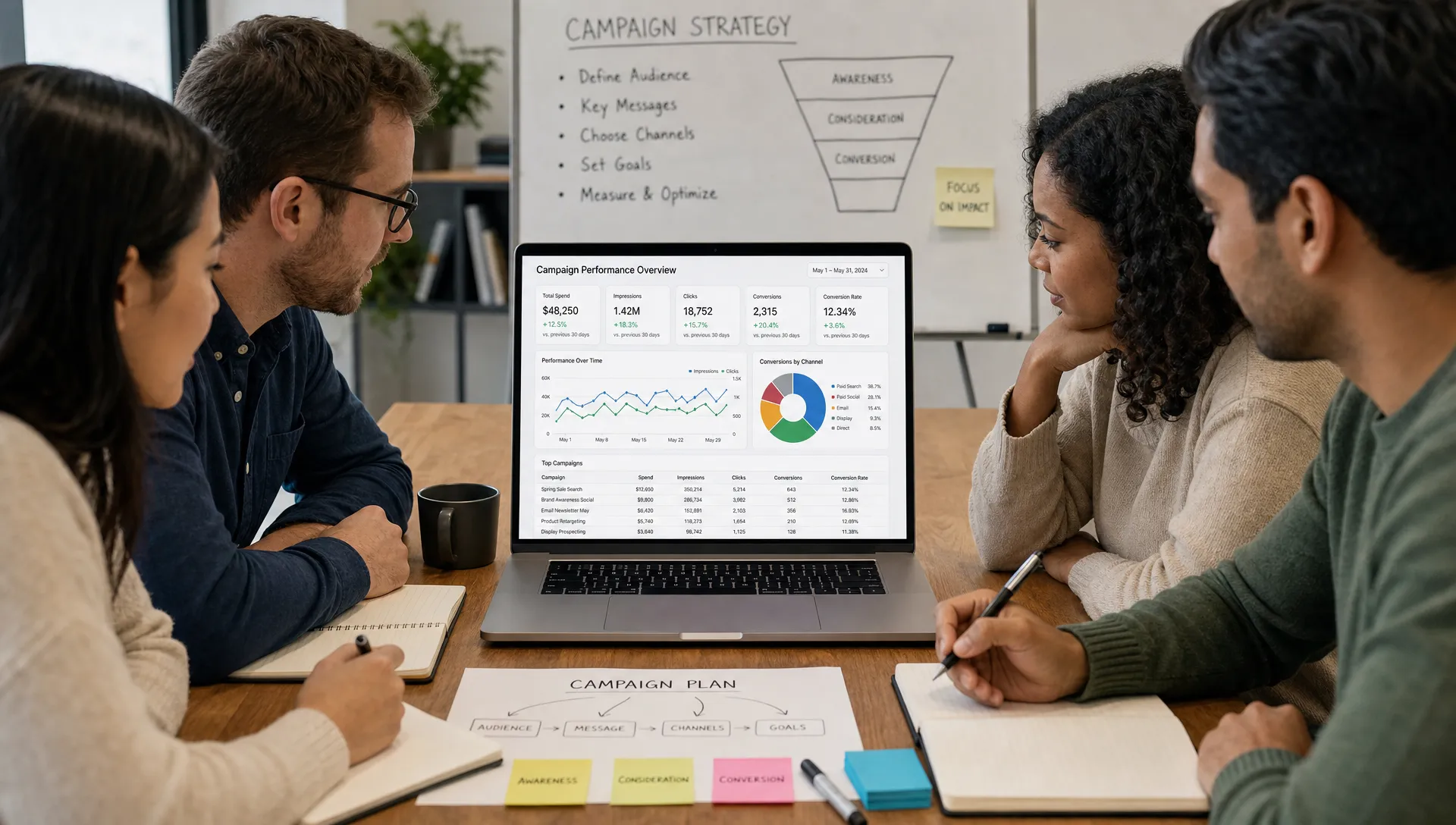 A group of adult marketing learners reviews a campaign performance dashboard on a laptop facing them, with correctly oriented charts visible on the screen, notebooks on the table, and campaign planning materials nearby.