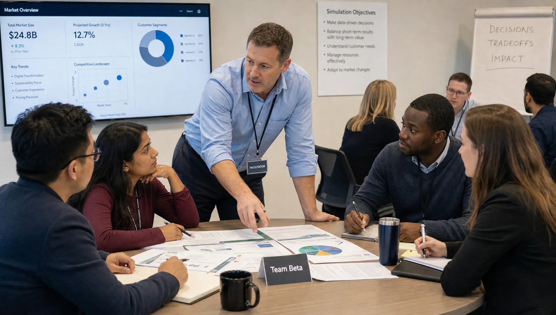 A facilitator and small teams discuss market data, customer segments and decision tradeoffs around a table during a corporate learning simulation.