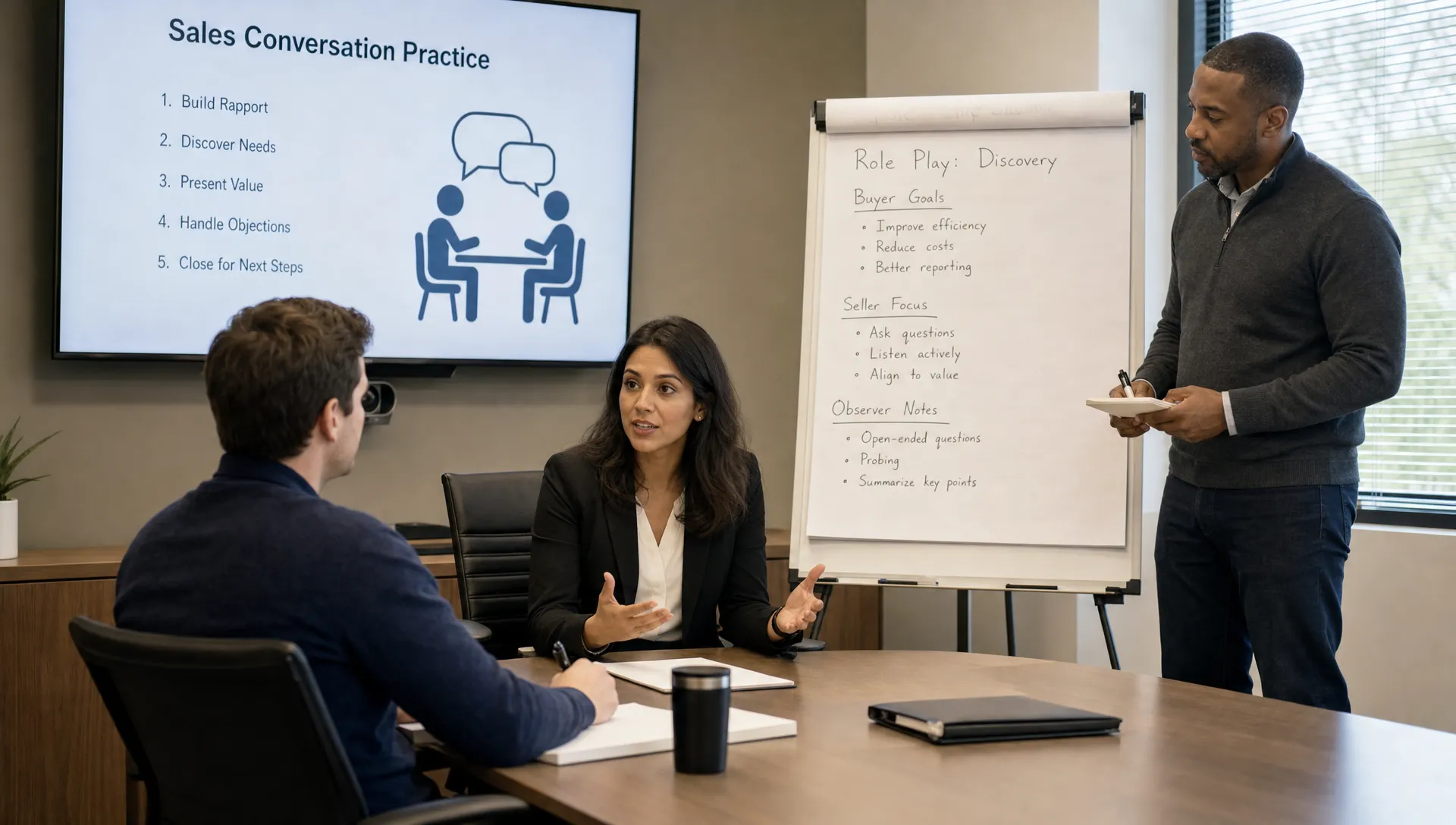 A sales team rehearsing a customer conversation in a training room, with one participant acting as the buyer, another as the seller, and a facilitator observing notes on a flip chart.