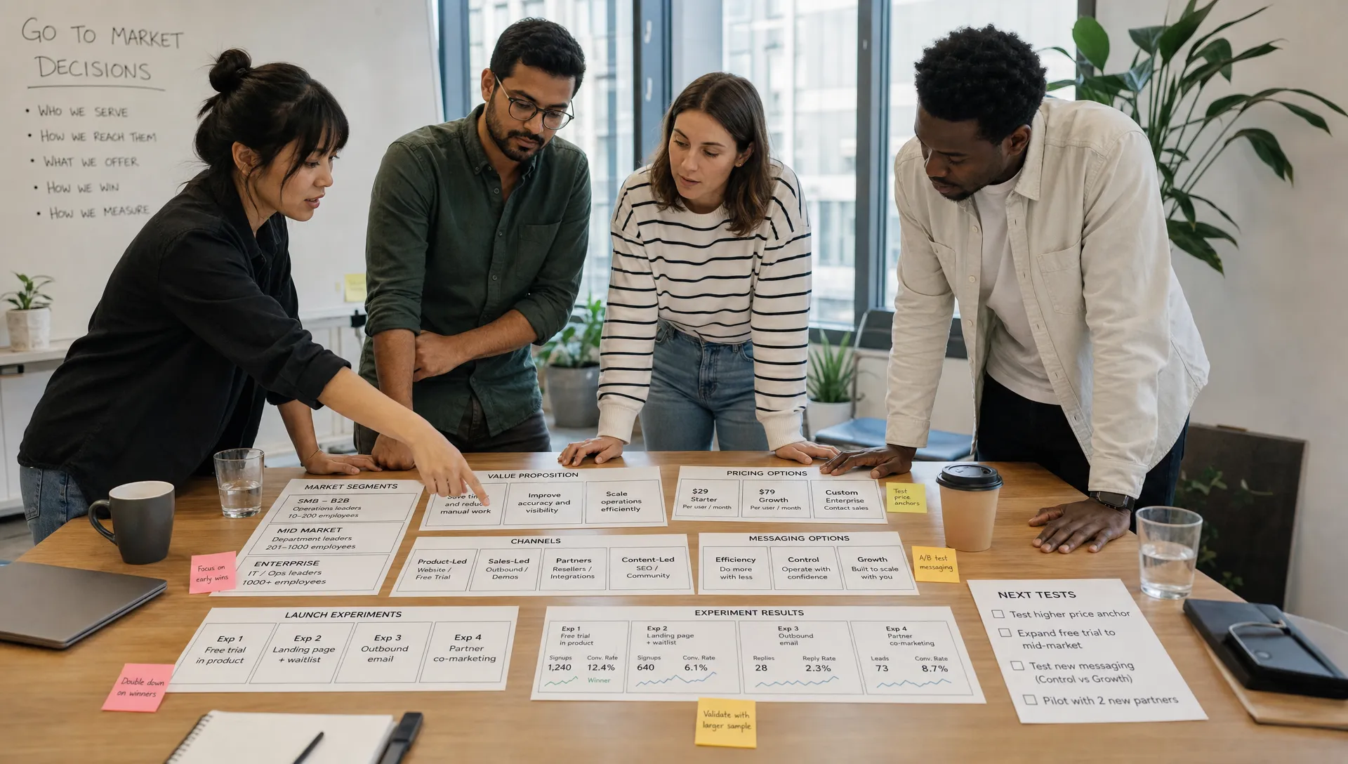 A diverse team standing around a table covered with market segment cards, pricing notes, channel maps, and launch experiment results, discussing which go to market choices to test next.