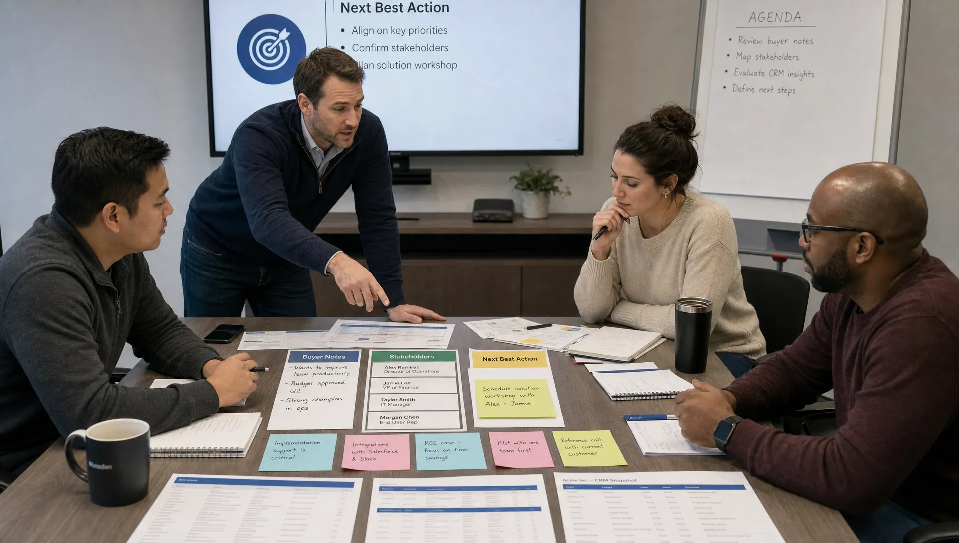A facilitator and adult learners analyze buyer notes, stakeholder cards and CRM printouts spread across a table while discussing the next sales action.
