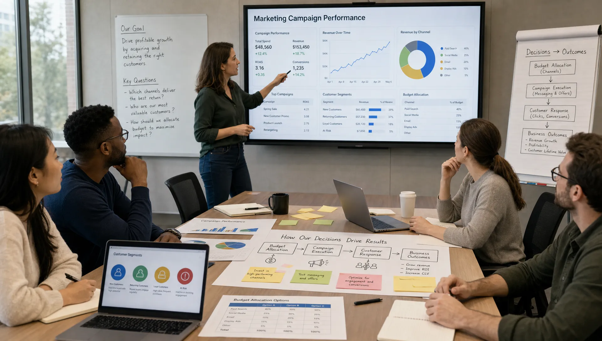 A group of adult marketing learners reviewing campaign performance, customer segments, and budget choices on a shared workspace in a classroom setting, with charts and notes showing how decisions connect to business outcomes.