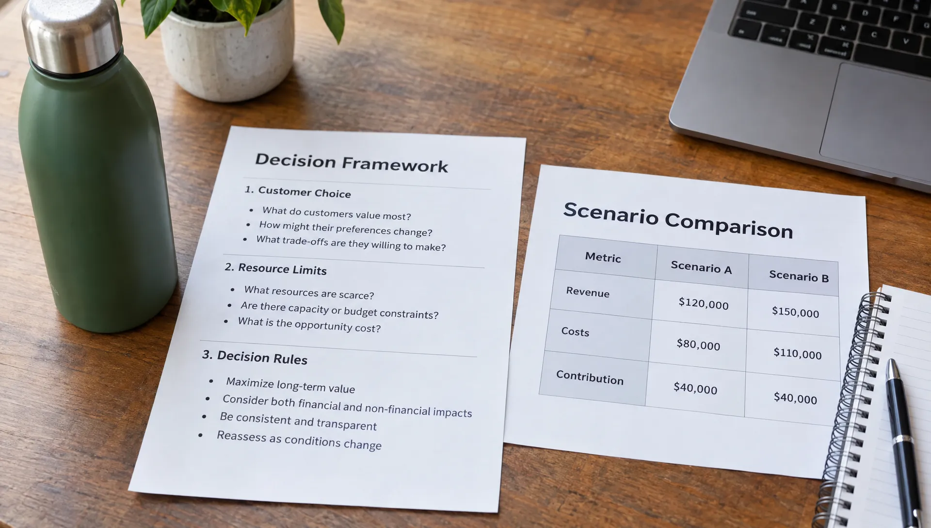 A reusable bottle sits beside a worksheet listing customer choice, resource limits, and decision rules, with a separate sheet comparing revenue, costs, and contribution in two fictional scenarios.