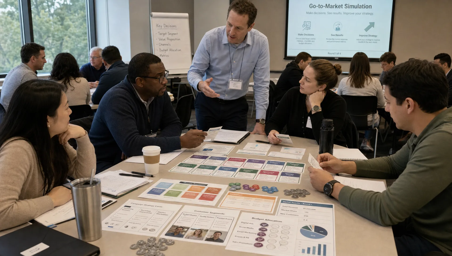 A classroom workshop where small groups compare printed campaign strategy cards, budget tokens, customer segment sheets, and market results on a shared table while an instructor facilitates discussion.