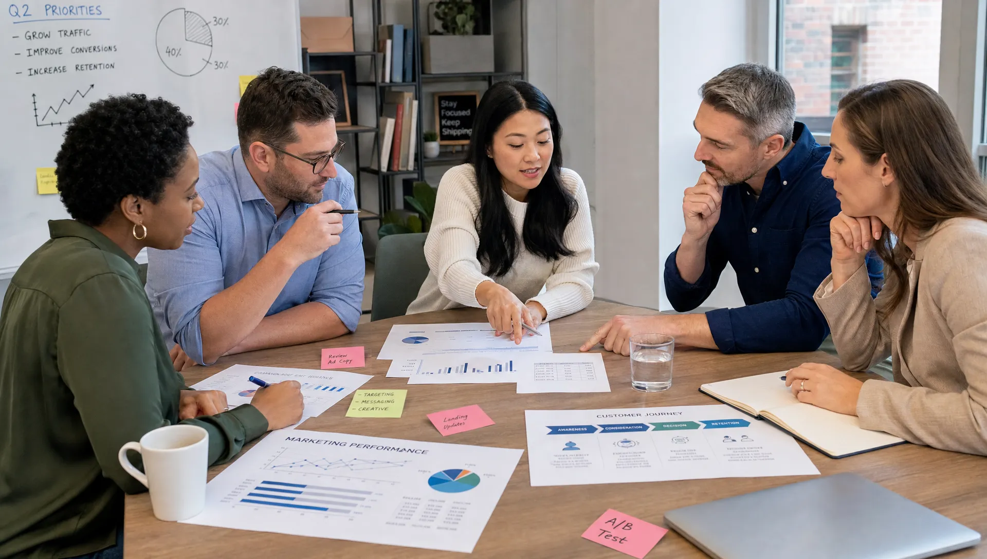 A group of adult business learners gathered around a table reviewing marketing performance charts, campaign notes, and customer journey cards while discussing digital strategy decisions together.