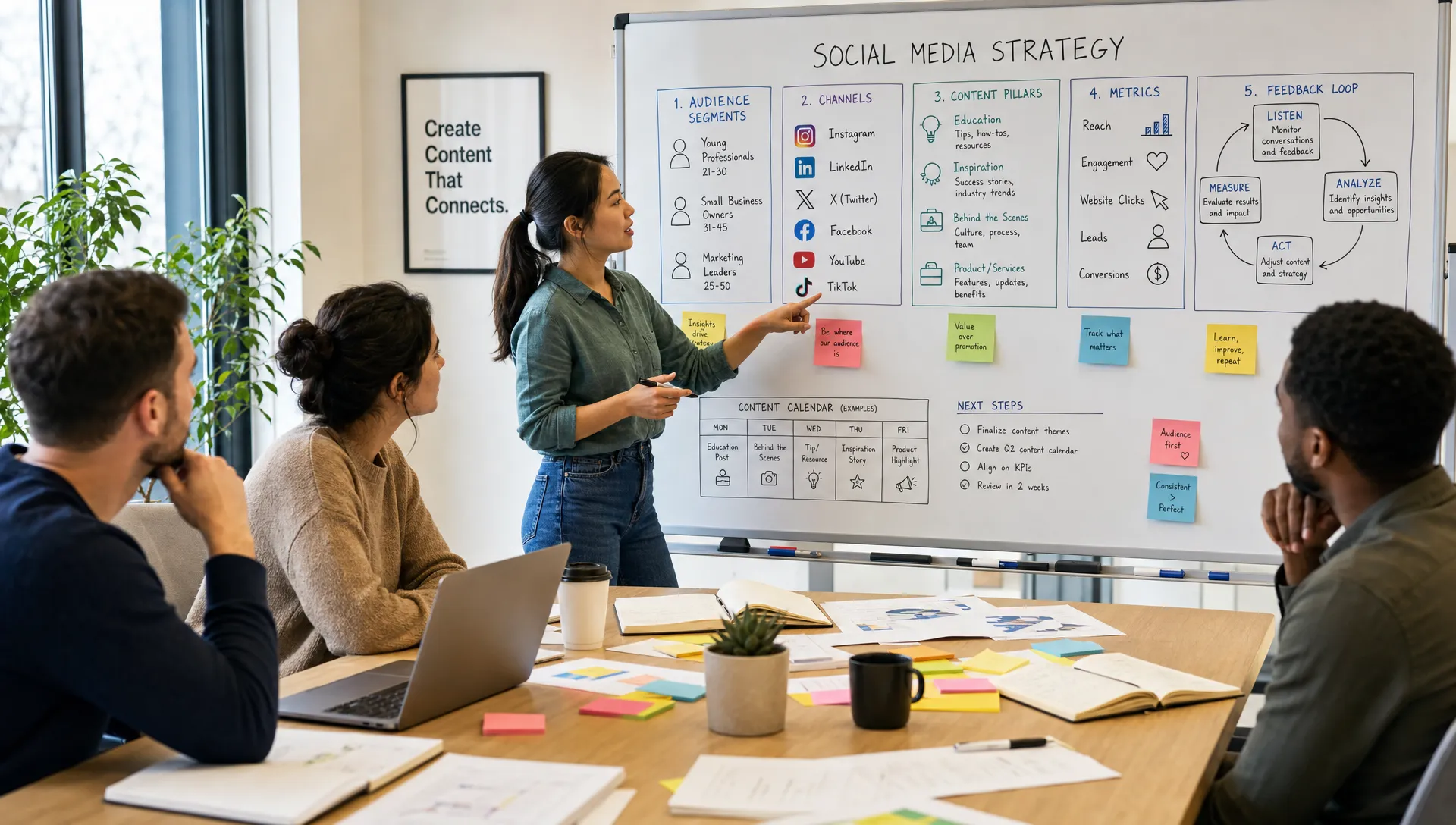 A collaborative training workspace with a social media strategy board showing audience segments, channel choices, content pillars, metrics, and feedback loops, with notebooks and sticky notes spread across the table.