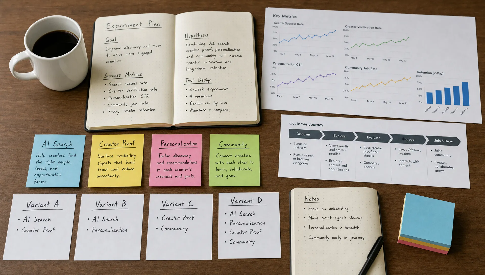 A tabletop experiment planning setup with notes for AI search, creator proof, personalization, and community beside charts and customer journey cards.
