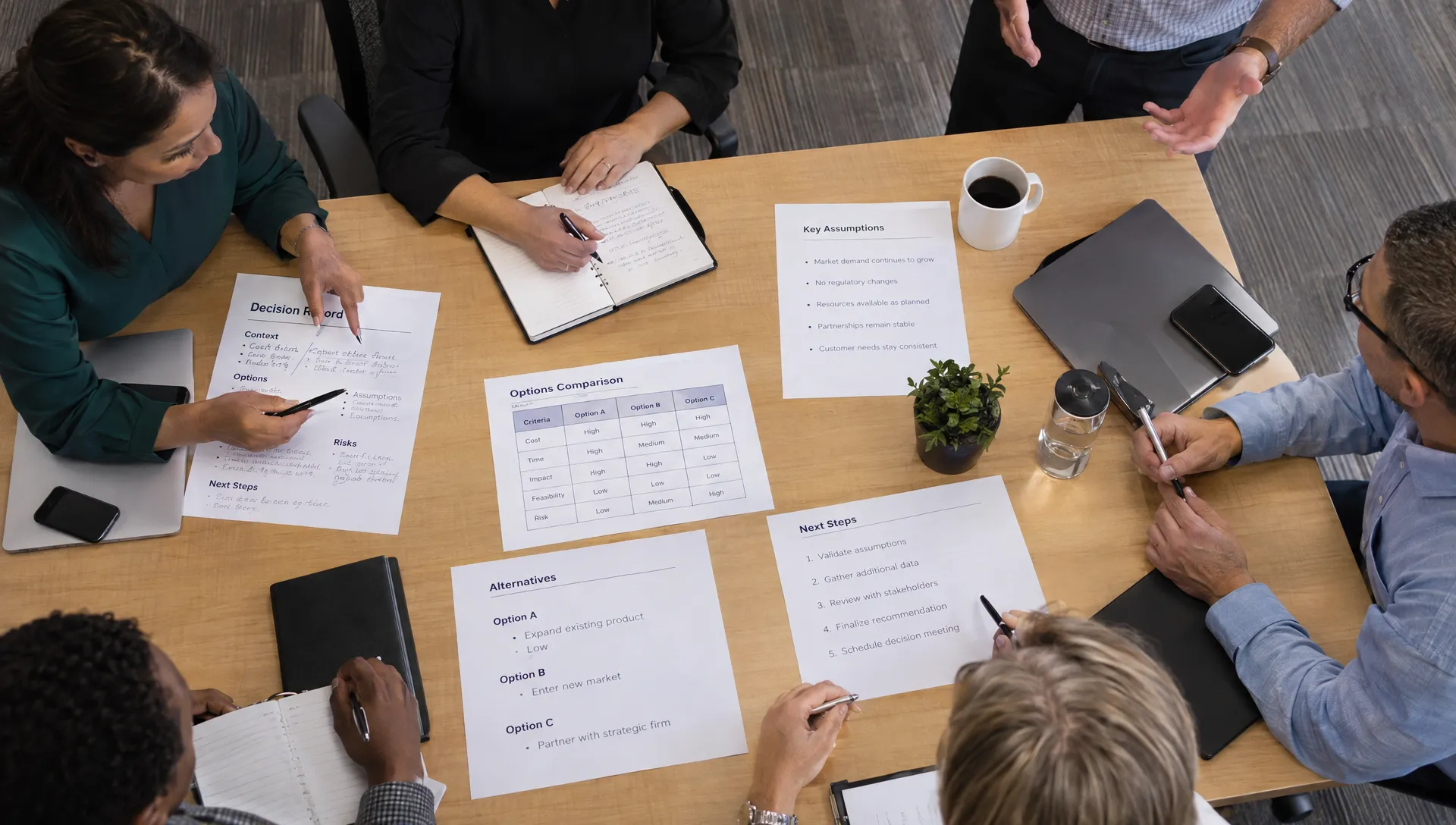 Participants compare decision records and assumptions during a corporate leadership training debrief.