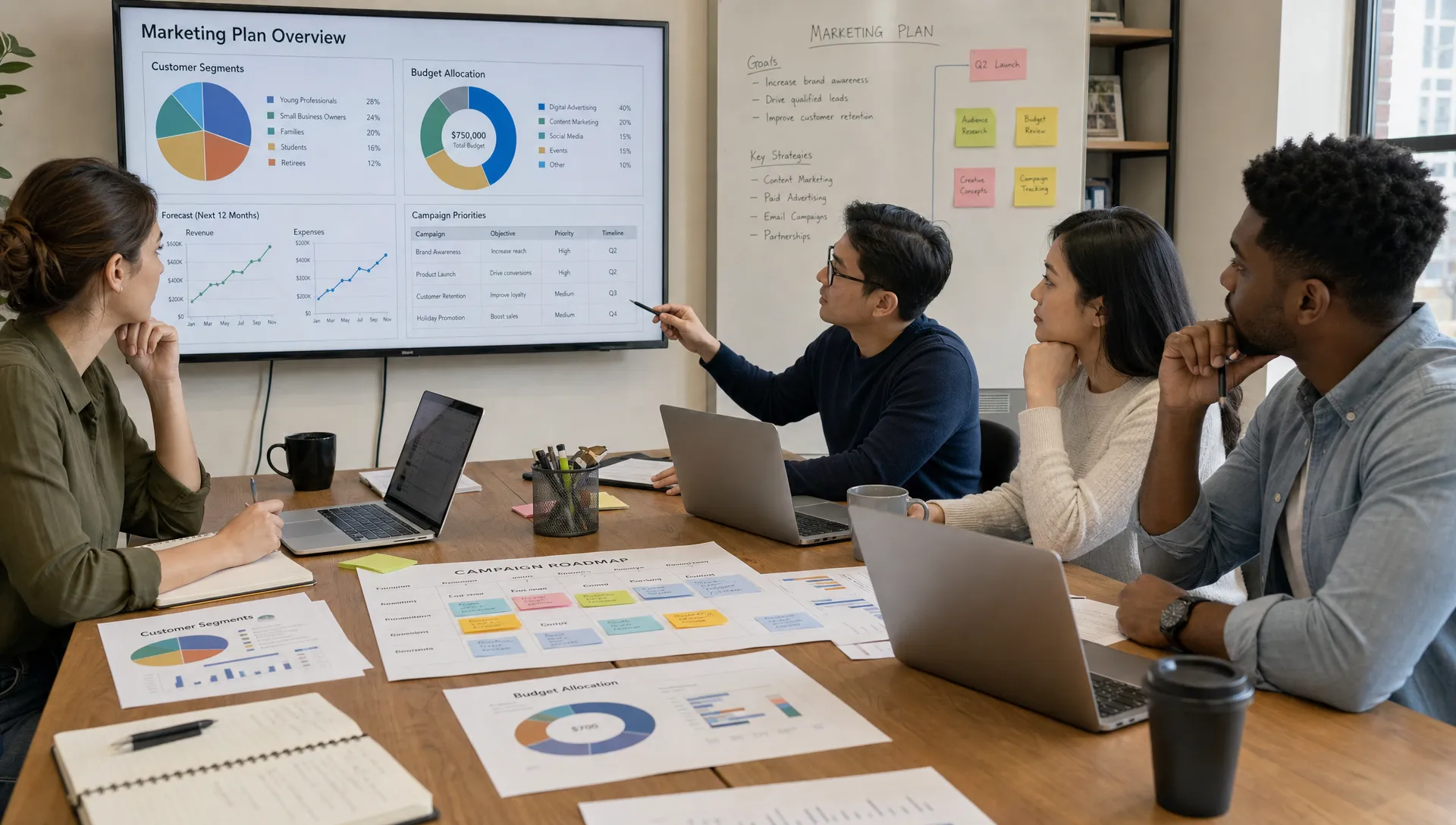 A marketing team reviews customer segments, budget allocations, forecast charts, and campaign priorities in a shared planning workspace.