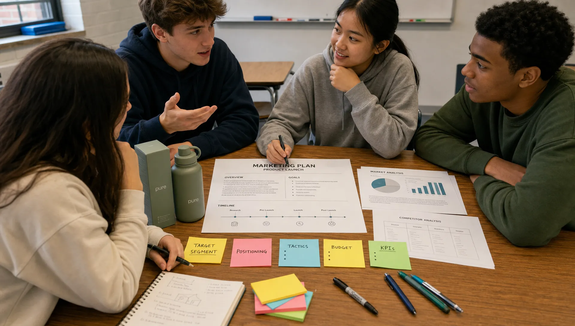 A classroom table with printed marketing plan worksheets, sticky notes labeled target segment, positioning, tactics, budget, and KPIs, while students discuss the launch plan together, with a simple product mockup and pens arranged beside the notes.
