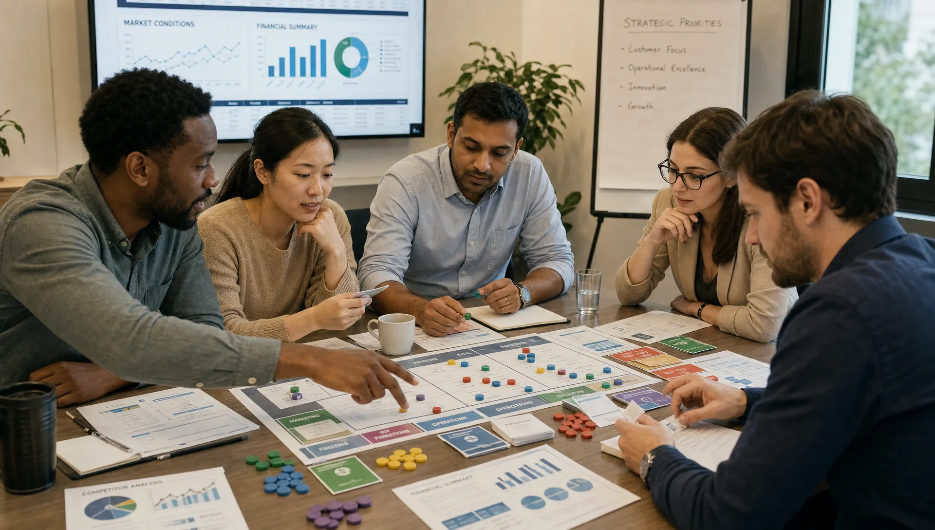 A cross-functional business team reviews market data, strategy cards, and decision tokens during a hands-on business simulation workshop.