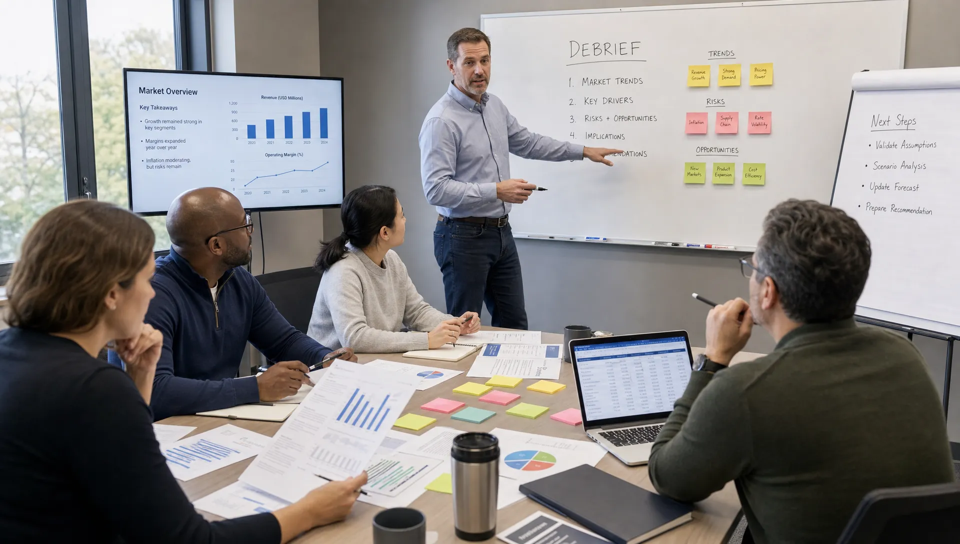 Adult learners compare market data, sticky notes, and financial charts at a table while an instructor leads a debrief at the whiteboard.