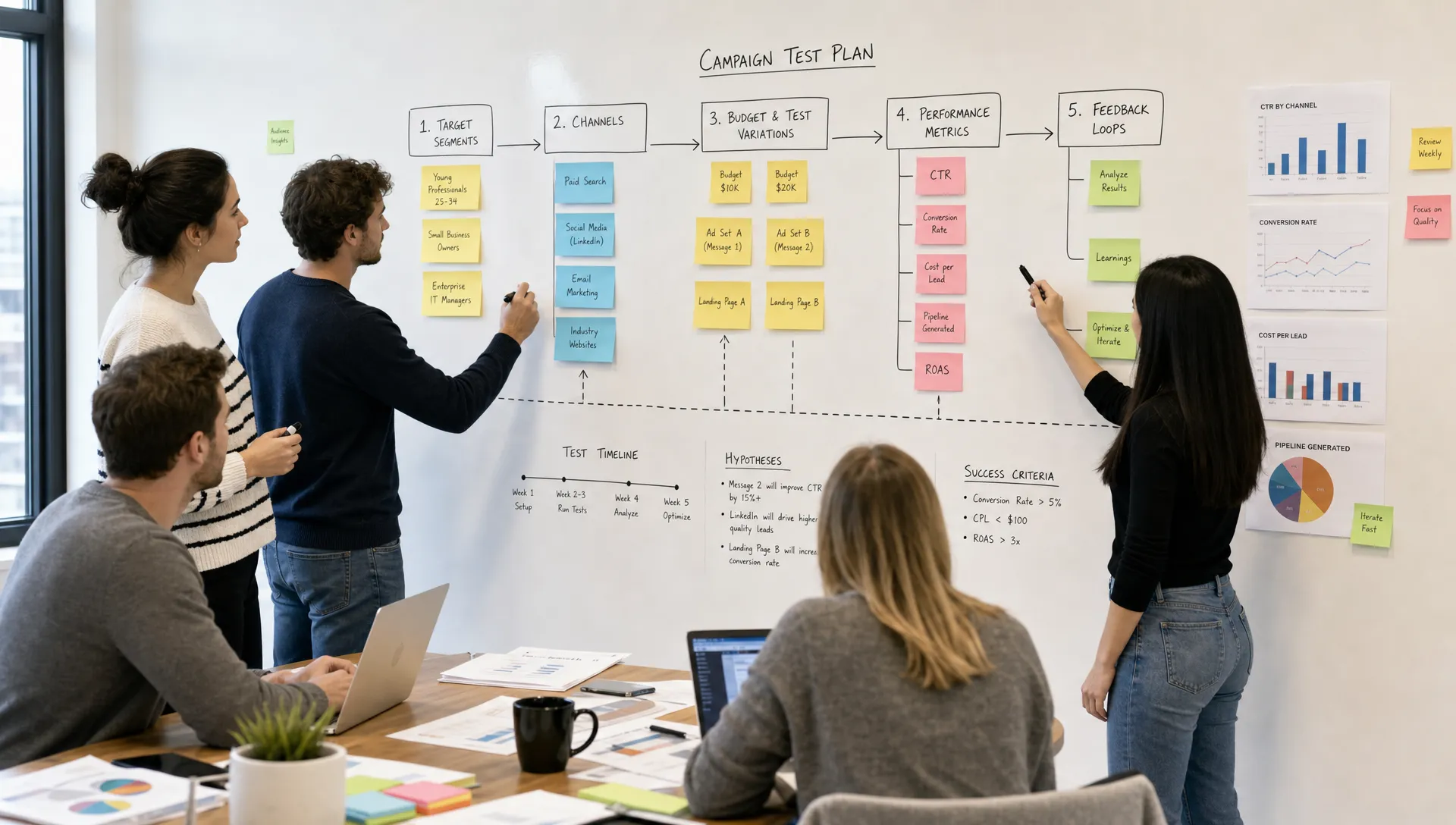 A classroom team maps a marketing campaign test on a wall, connecting target segments, channels, budget choices, performance metrics, and feedback loops with sticky notes and charts.