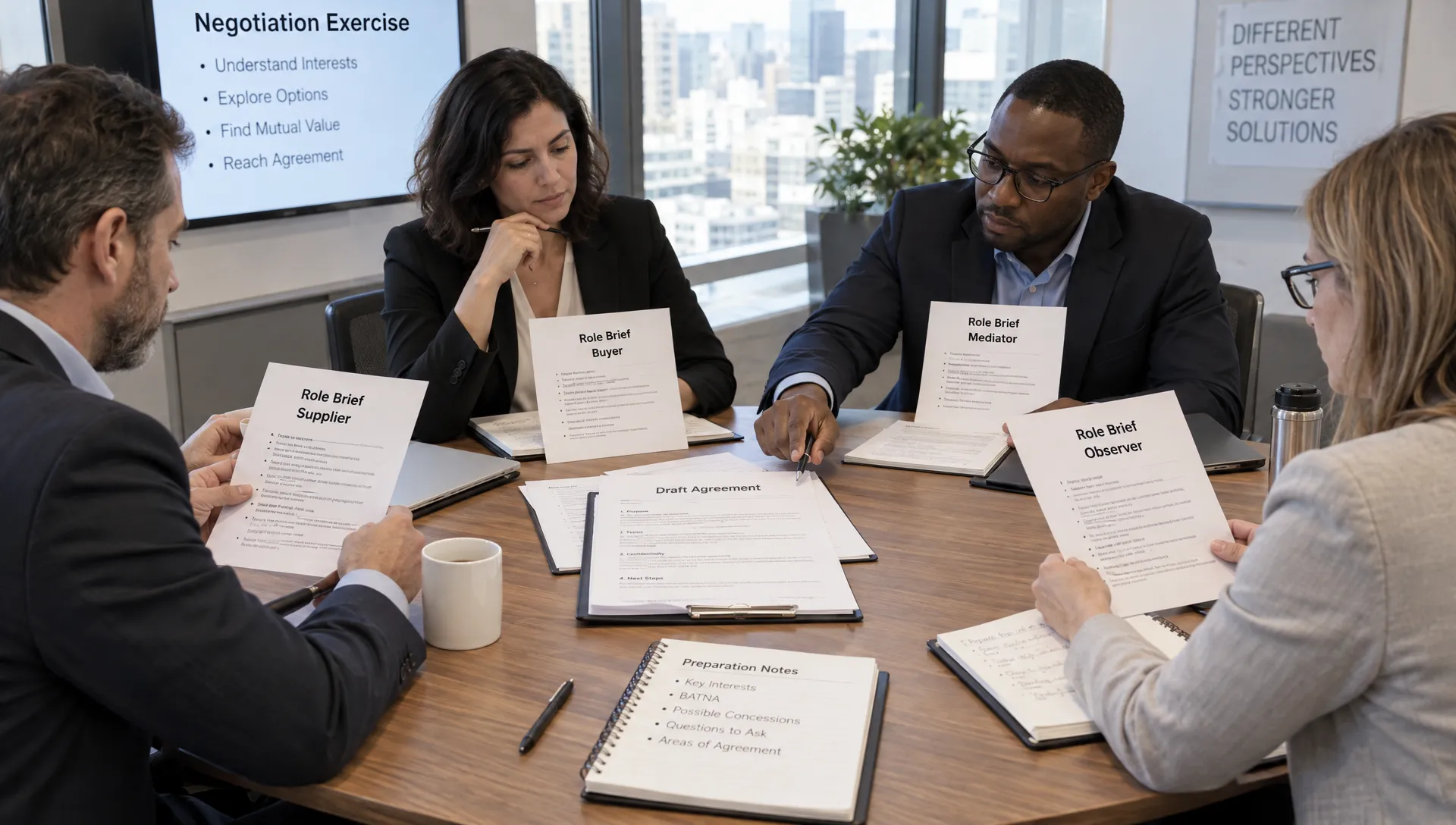 Adult participants in a negotiation exercise compare contract terms across a conference table, with individual role briefs and preparation notes beside a draft agreement.