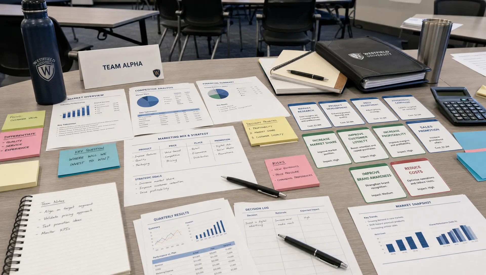 A university classroom table covered with printed market reports, strategy notes, sticky notes, charts, and decision cards for a marketing simulation workshop.
