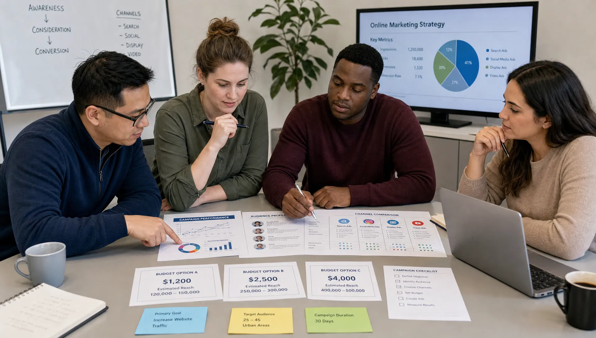 Adult learners work around a table with campaign reports, audience profiles, and budget cards while comparing online marketing decisions.