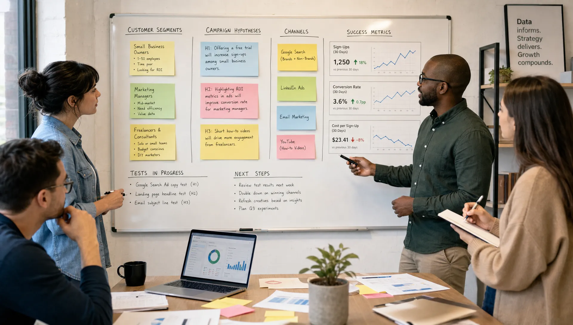 A small business marketing team reviews a wall board showing customer segments, campaign hypotheses, channel choices, and simple performance metrics. The scene emphasizes collaborative planning and evidence-based decision-making.
