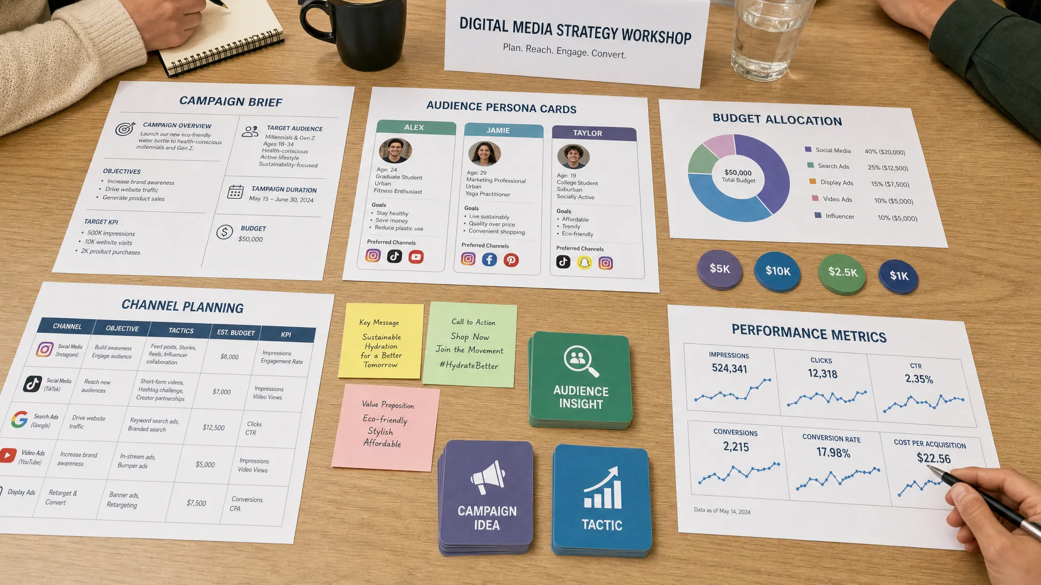 A collaborative marketing workshop table with campaign briefs, audience persona cards, budget tokens, channel planning sheets, and performance metric printouts arranged for a hands-on digital media strategy exercise.